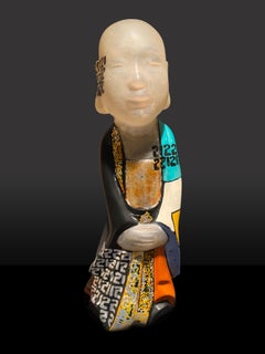"Standing Buddha IV"  Figurative Sculpture Composite Oil Paint Gold Black Blue