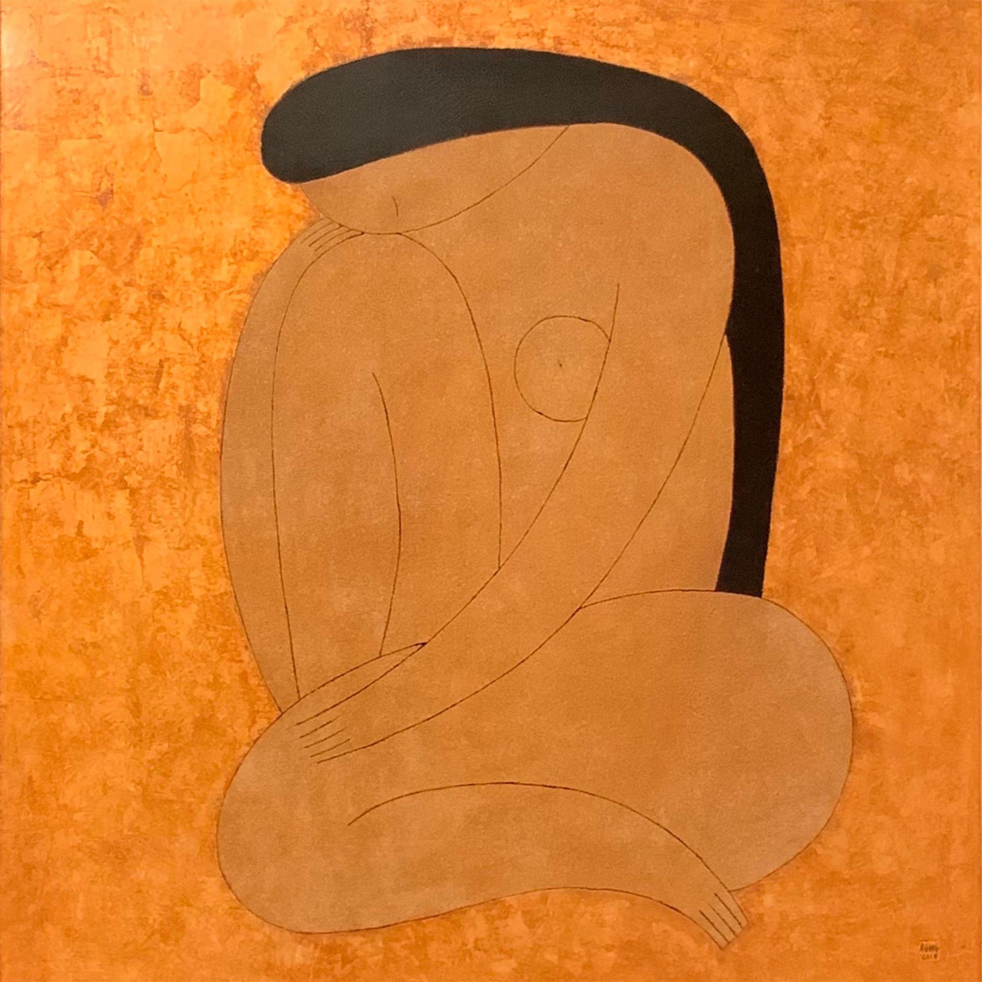 Dinh Hanh Nude Painting - 'Elusive Contemplation II' Contemporary Nude Portrait Featuring Gold & Black
