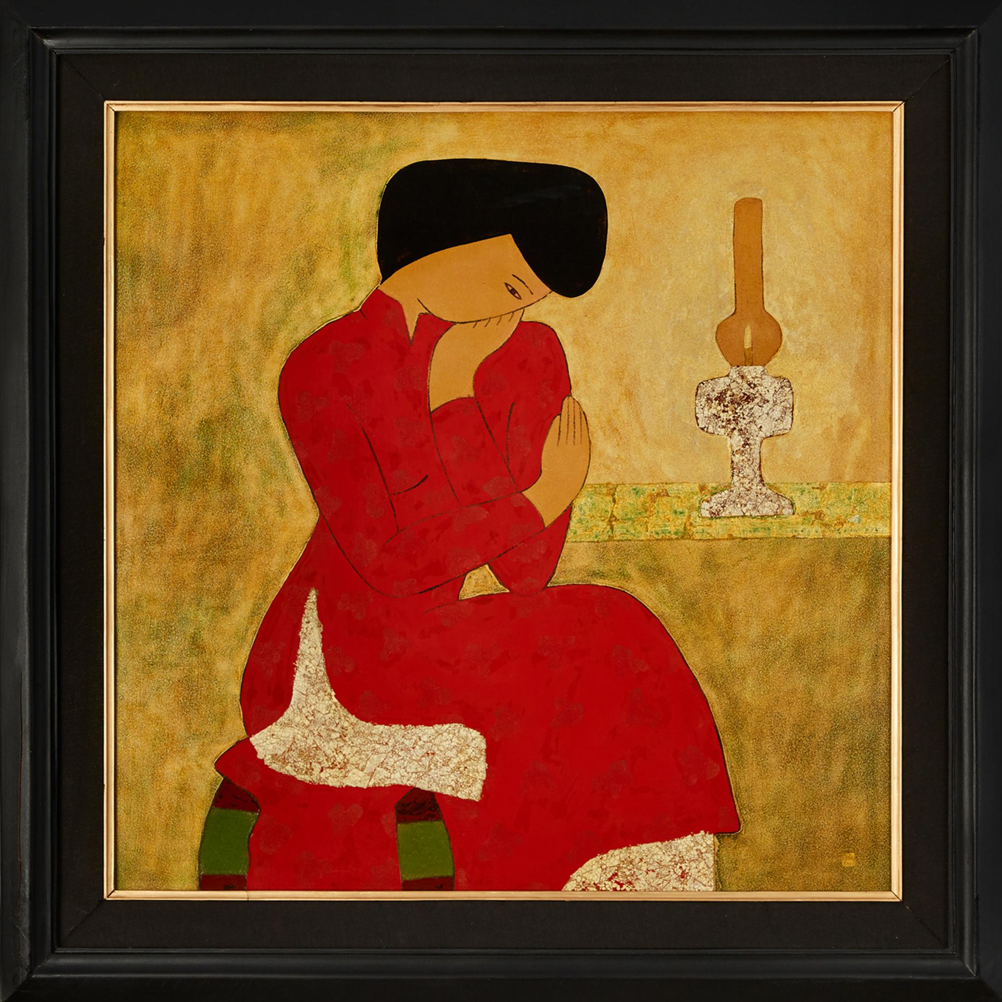 Girl in Red Aó Daí - Painting by Dinh Hanh
