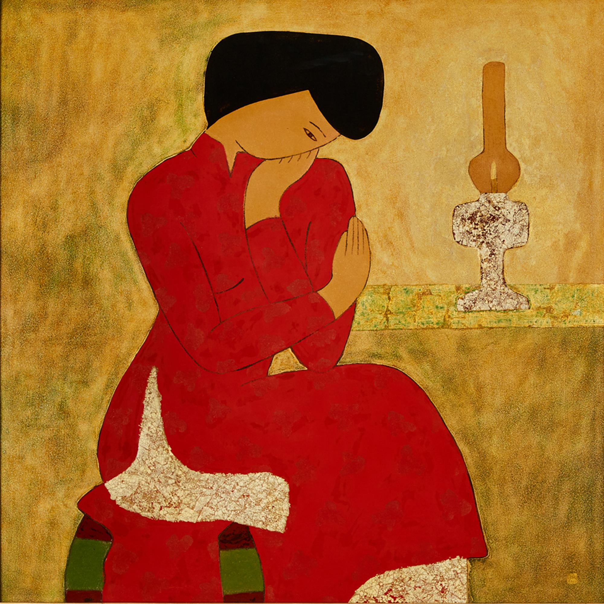 Dinh Hanh Portrait Painting - Girl in Red Aó Daí