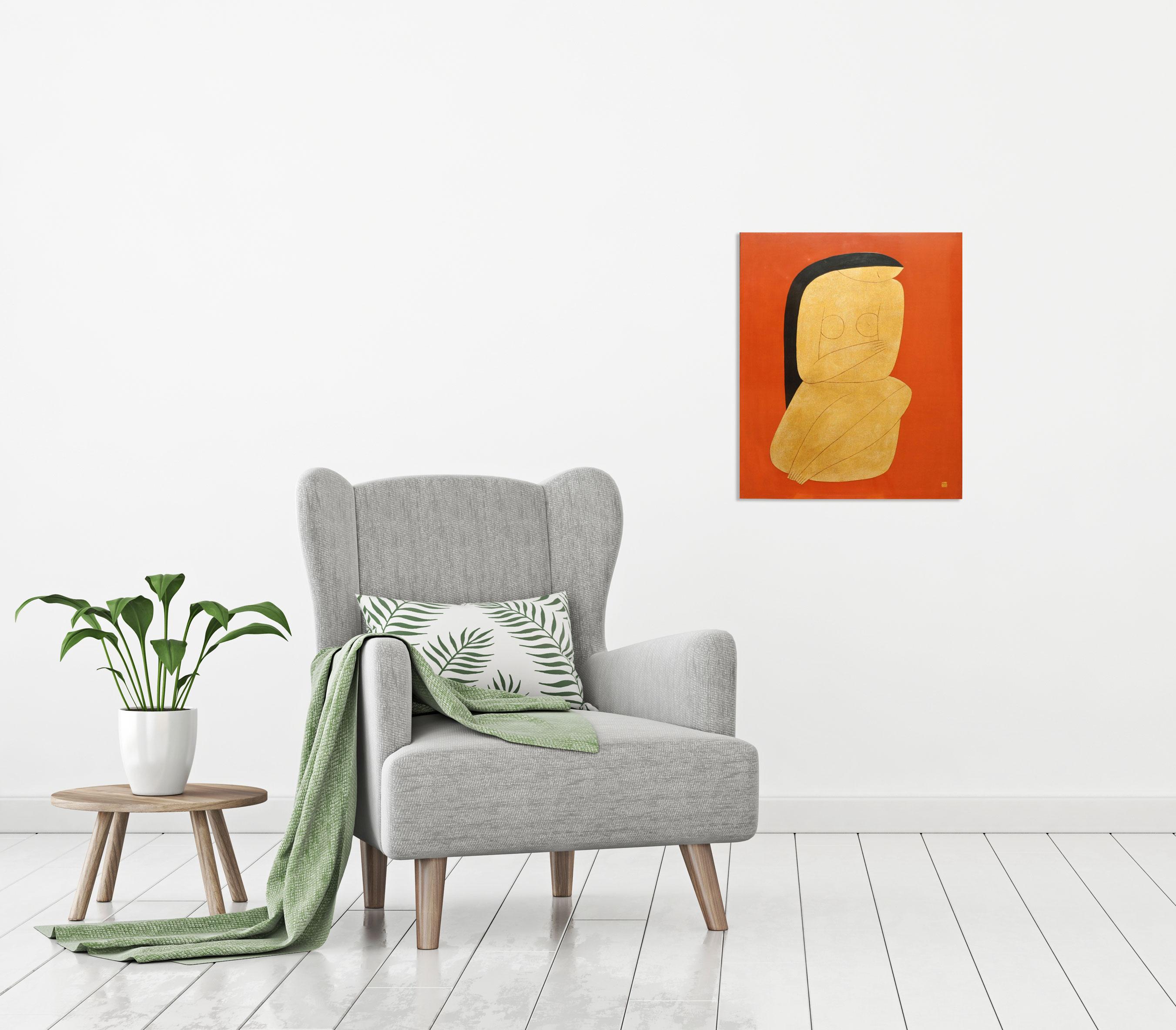 ‘Thinking’ is a medium size framed contemporary lacquer on wood panel painting created by Vietnamese artist Dinh Hanh in 2017. This vertical format features a nude depicted on a red background. The gentle position of the woman, sitting with her legs