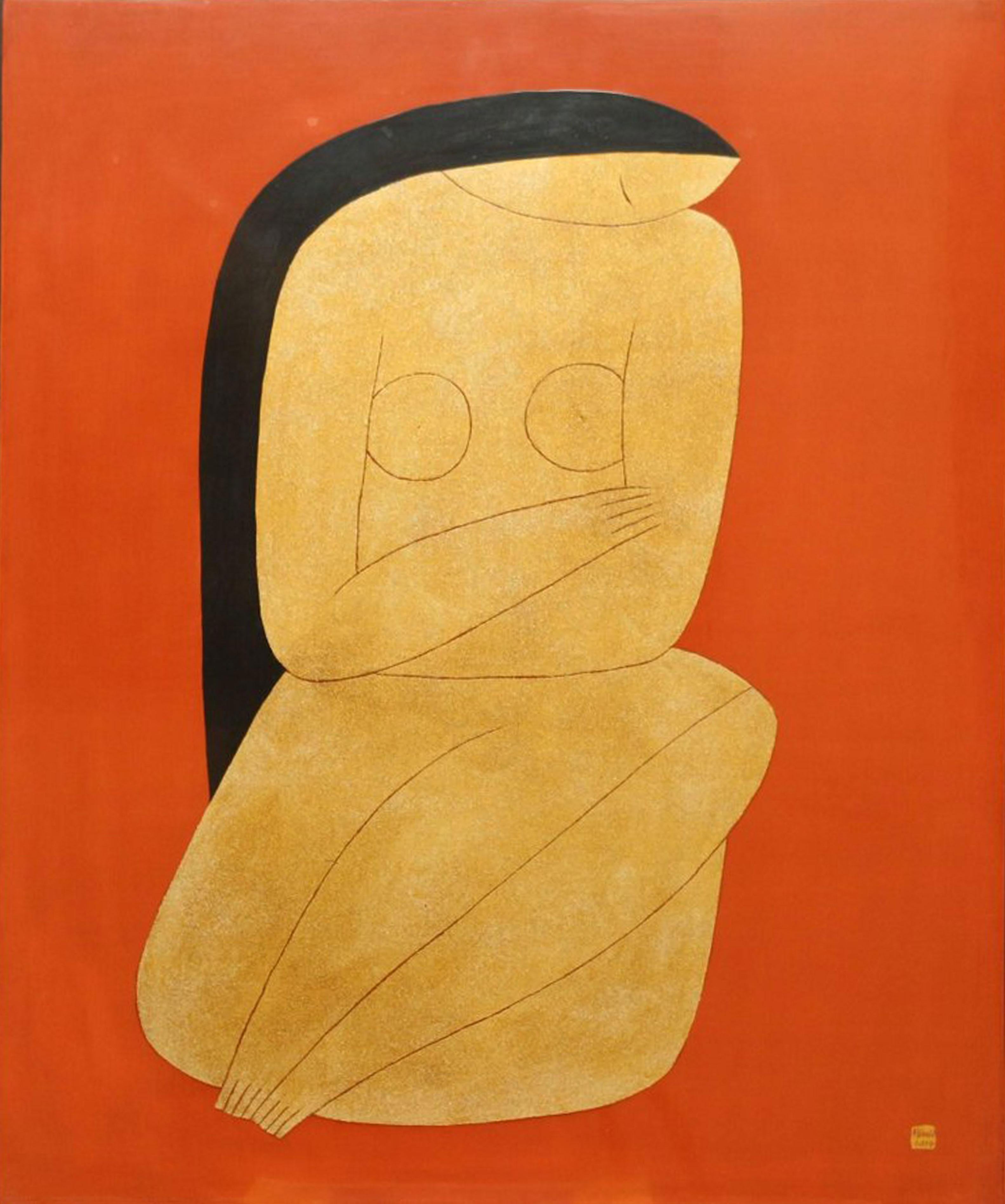 Thinking, Dinh Hanh Lacquer on Wood Painting of a Nude Woman on Red Background 2
