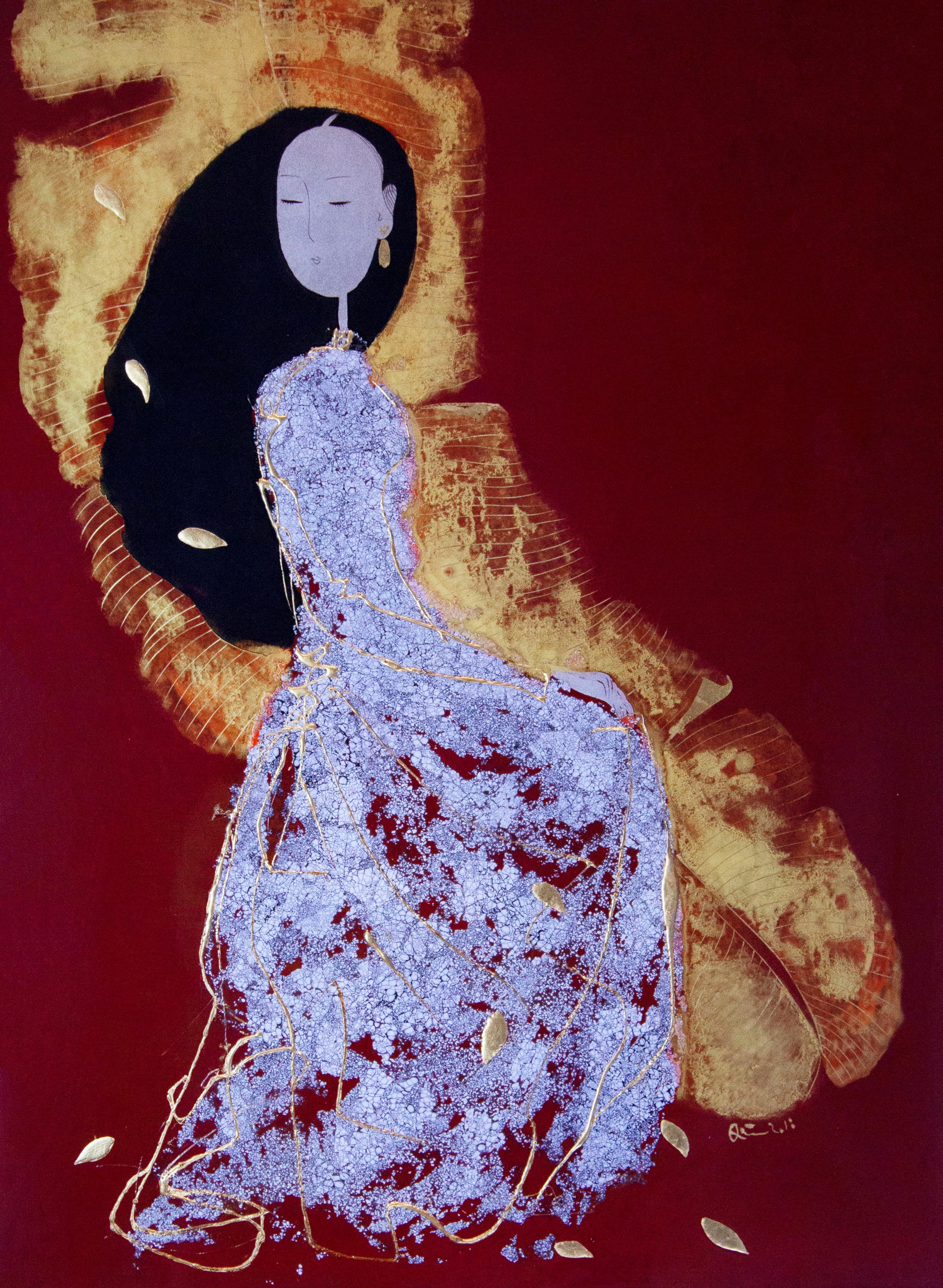 « Lady in Banana Garden », portrait de femme en rouge, blanc et or