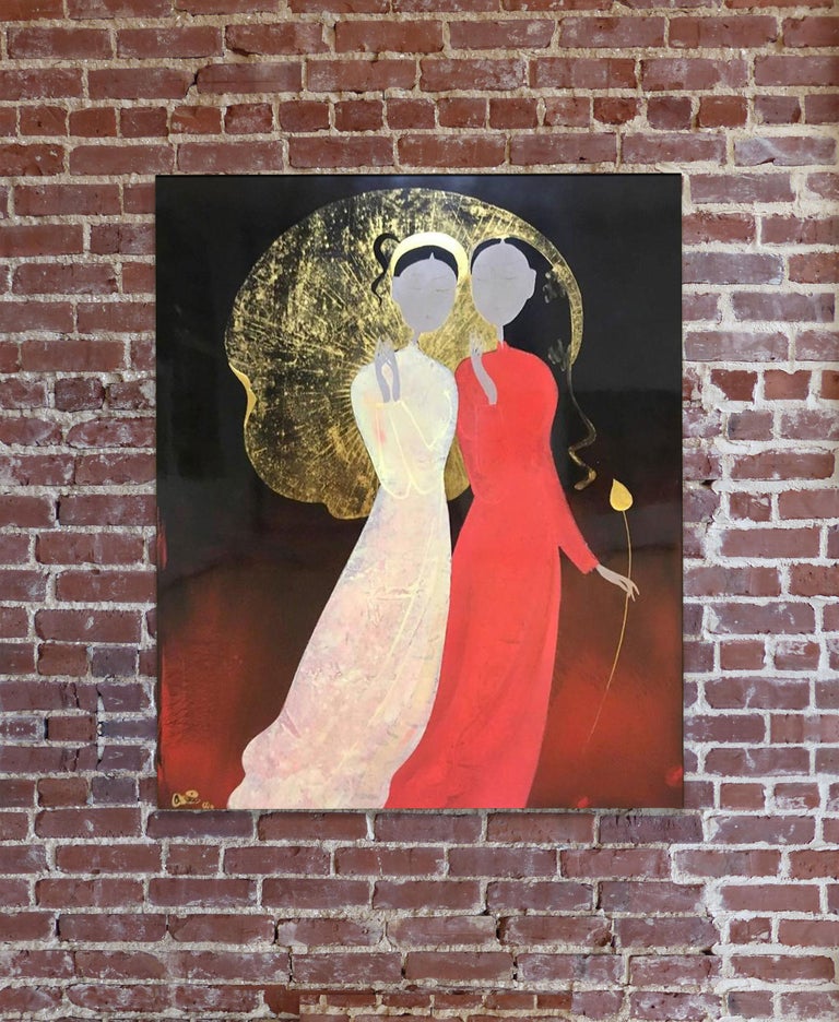 Dinh Quan - Sisters, Dinh Quan 2011 Large Lacquer on Wood Painting with