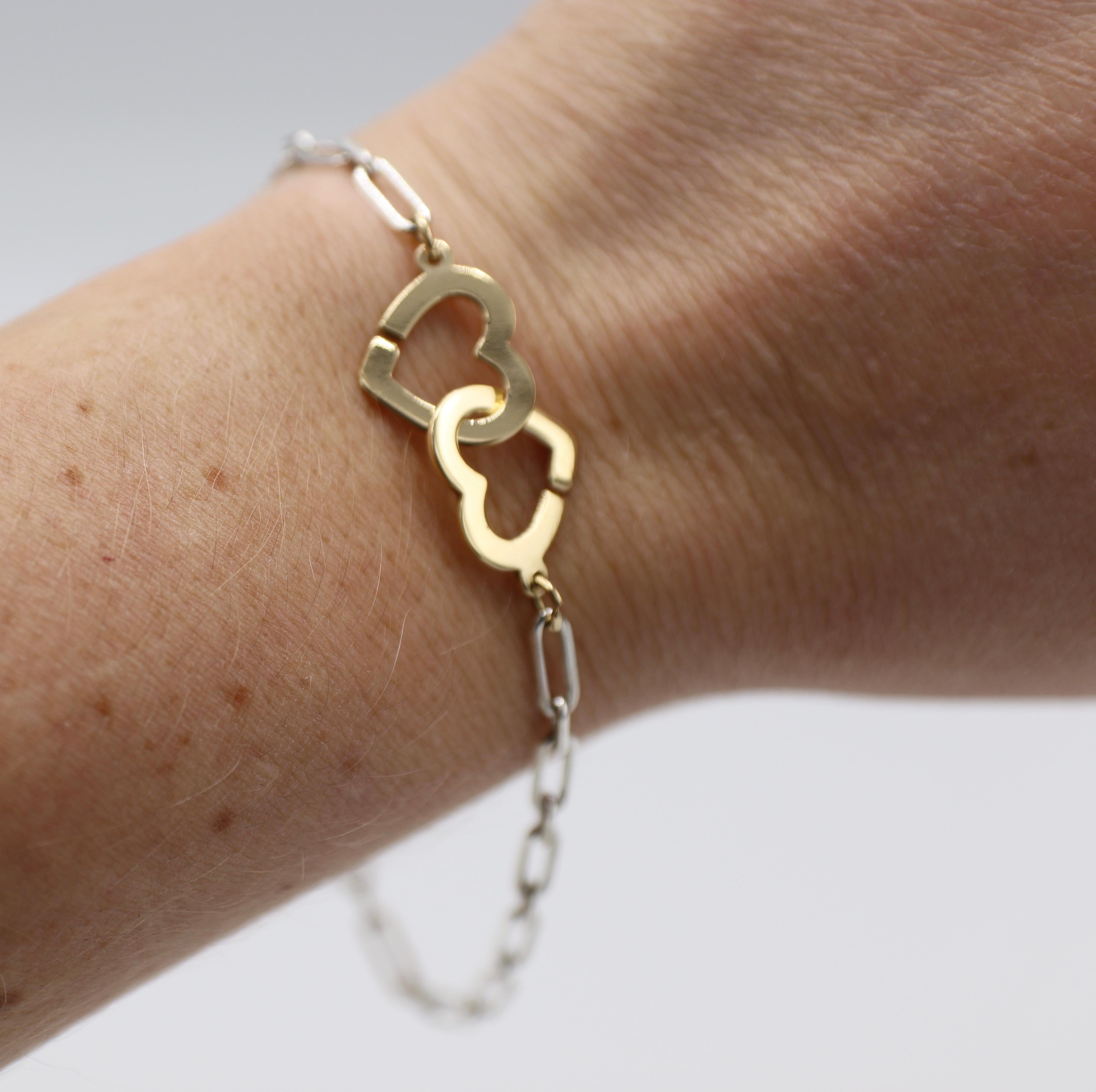 Dinh Van 18 Karat Gold & Sterling Silver Double Heart Chain Link Bracelet 6