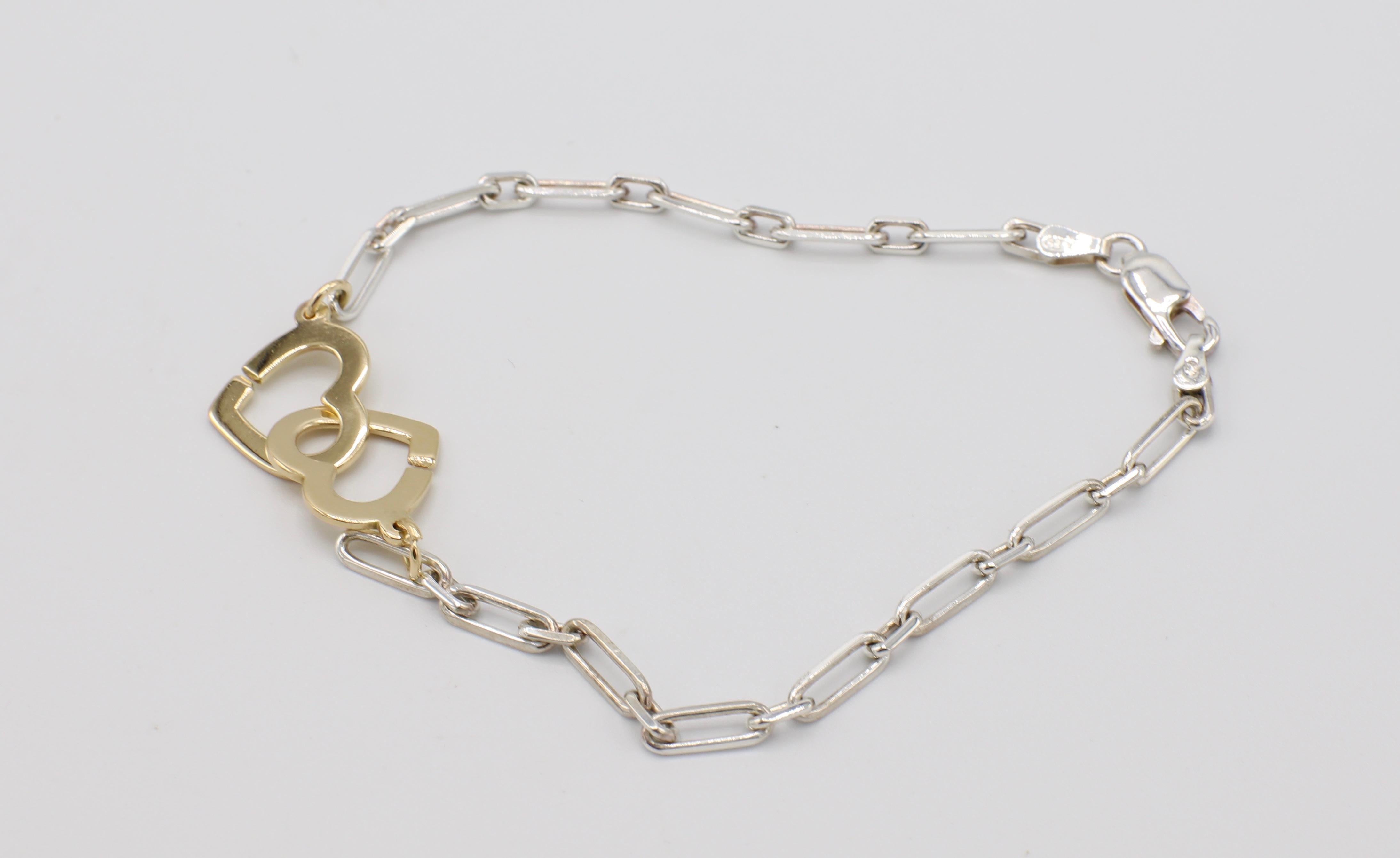 Modern Dinh Van 18 Karat Gold & Sterling Silver Double Heart Chain Link Bracelet