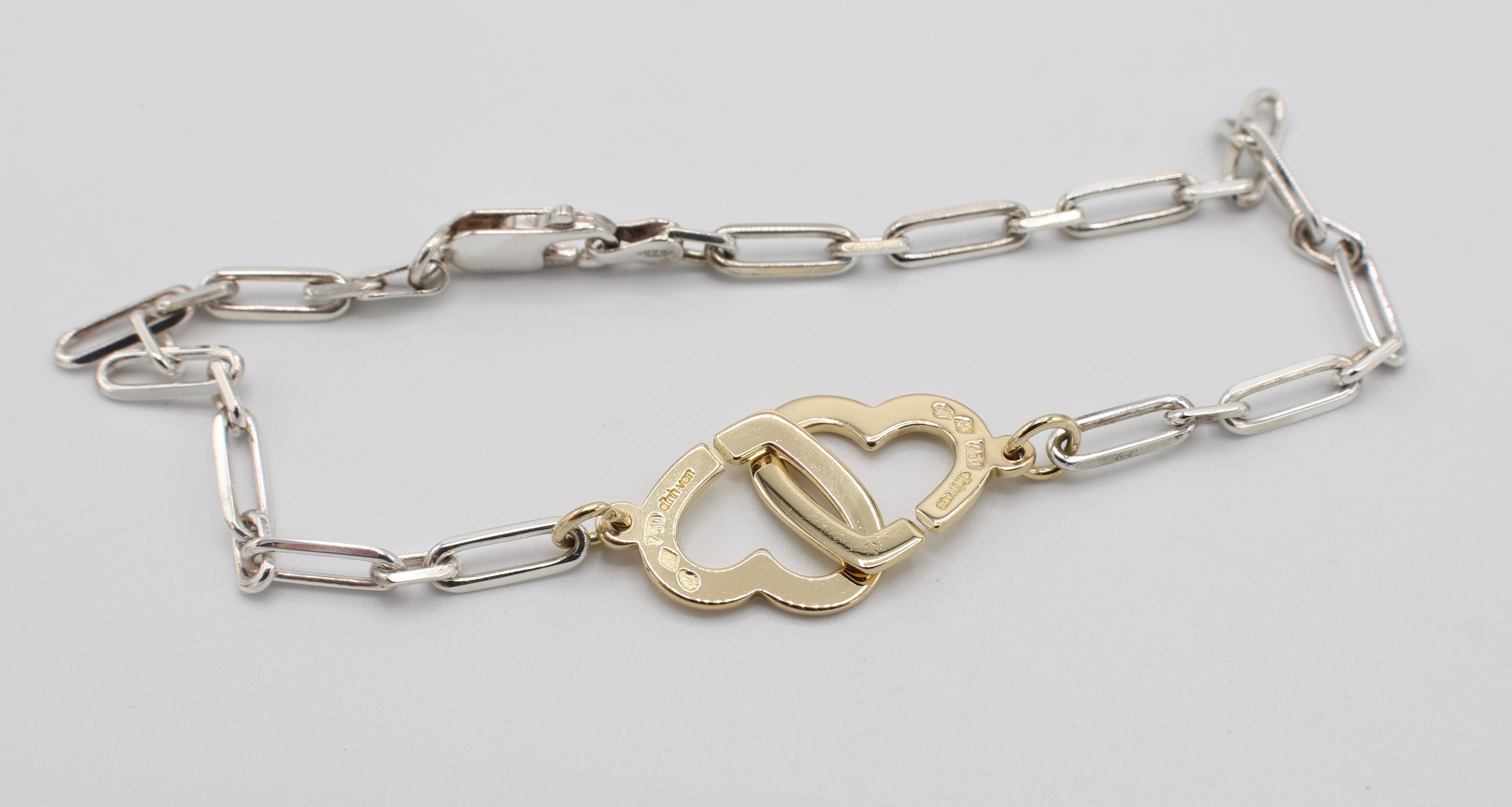 Dinh Van 18 Karat Gold & Sterling Silver Double Heart Chain Link Bracelet In Good Condition In  Baltimore, MD