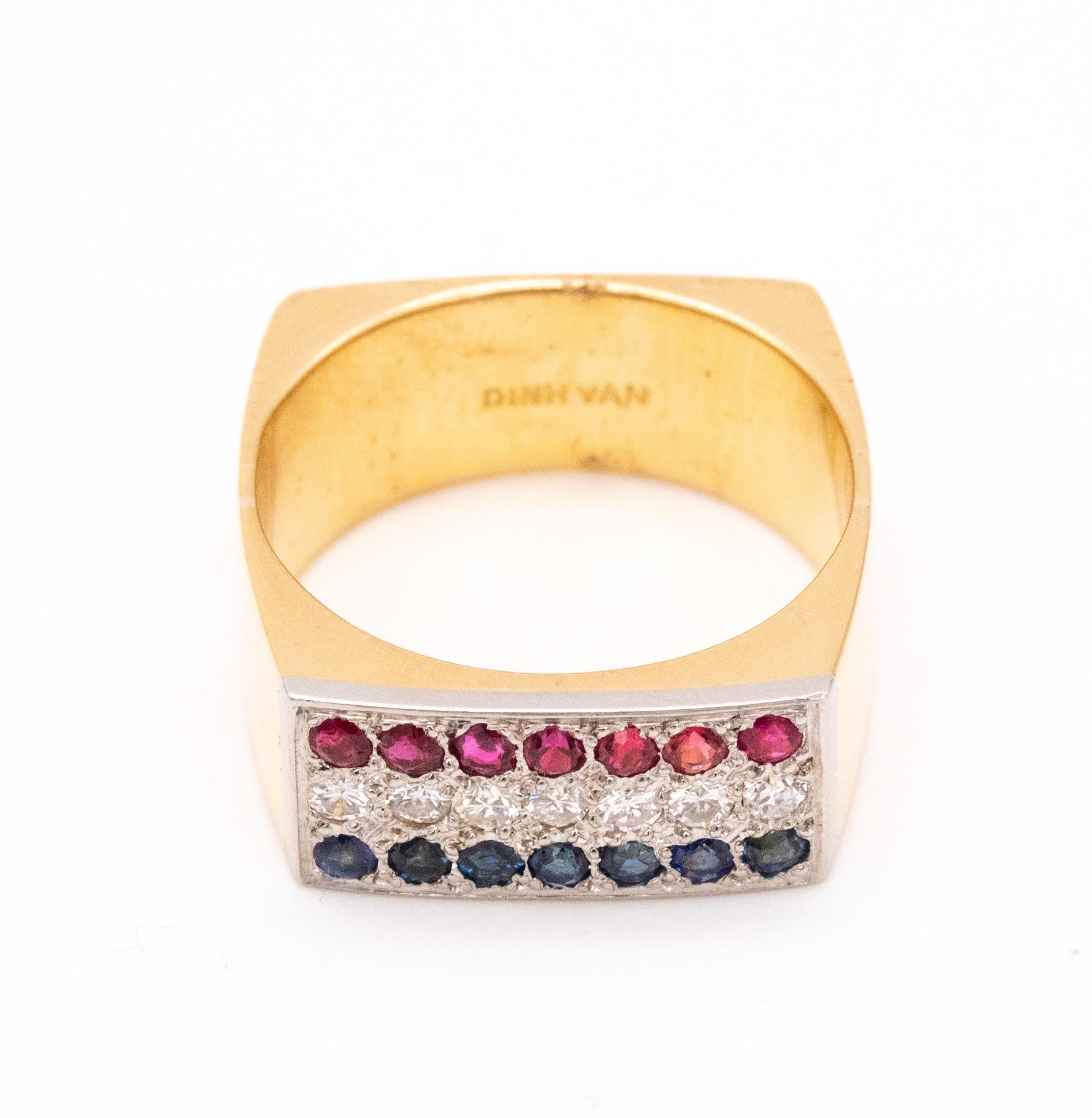 Dinh Van 1970 Geometric Ring In 18Kt Gold With 1.05 Ctw Diamonds Ruby Sapphires In Excellent Condition For Sale In Miami, FL