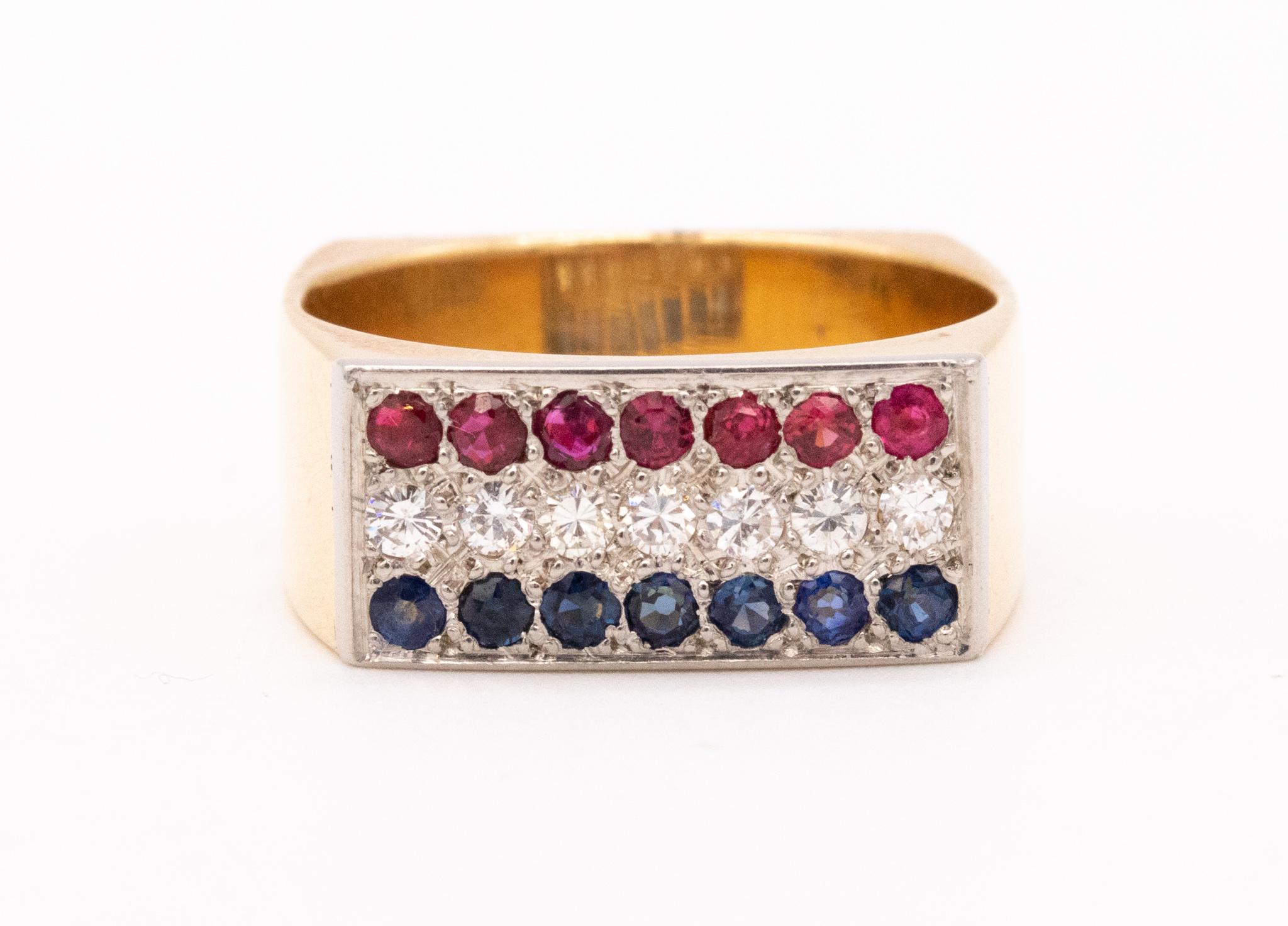 Women's or Men's Dinh Van 1970 Geometric Ring In 18Kt Gold With 1.05 Ctw Diamonds Ruby Sapphires For Sale