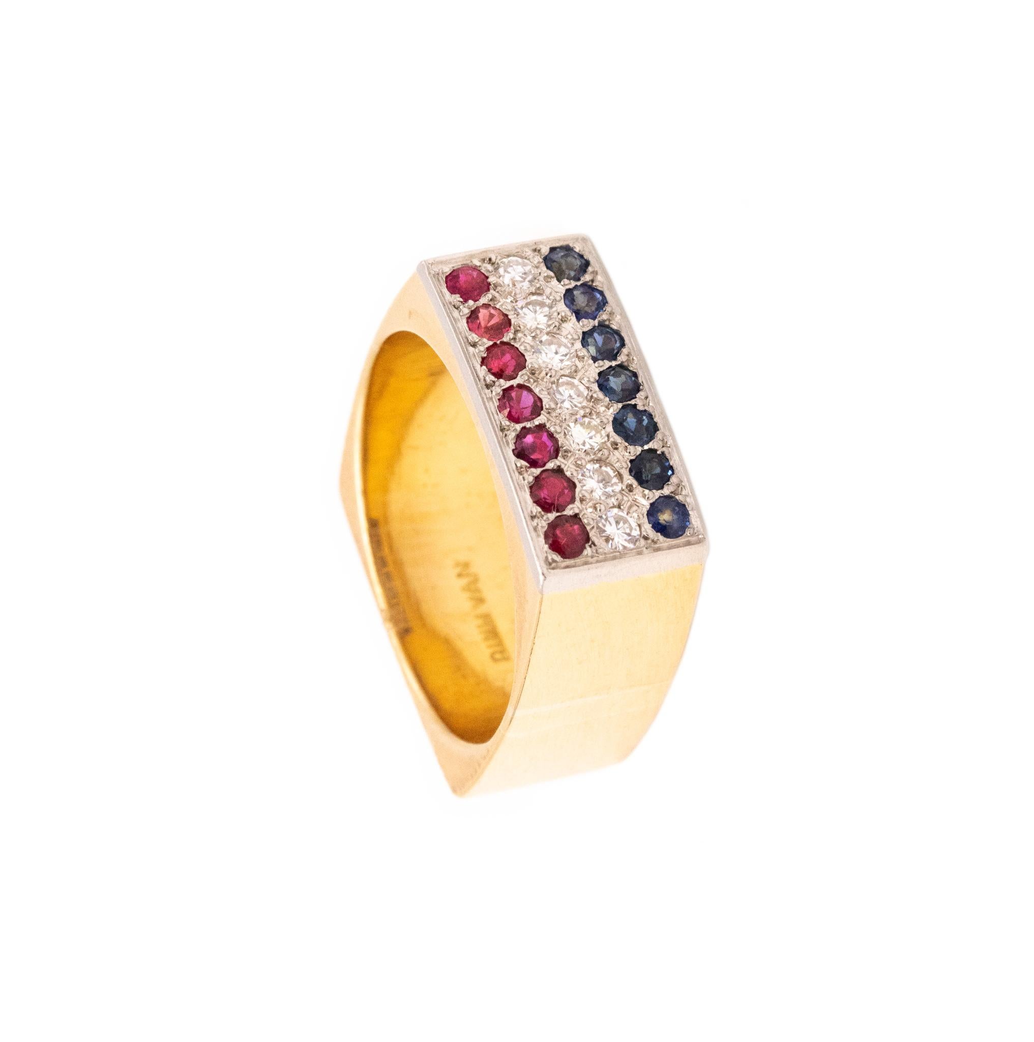 Dinh Van 1970 Geometric Ring In 18Kt Gold With 1.05 Ctw Diamonds Ruby Sapphires 2