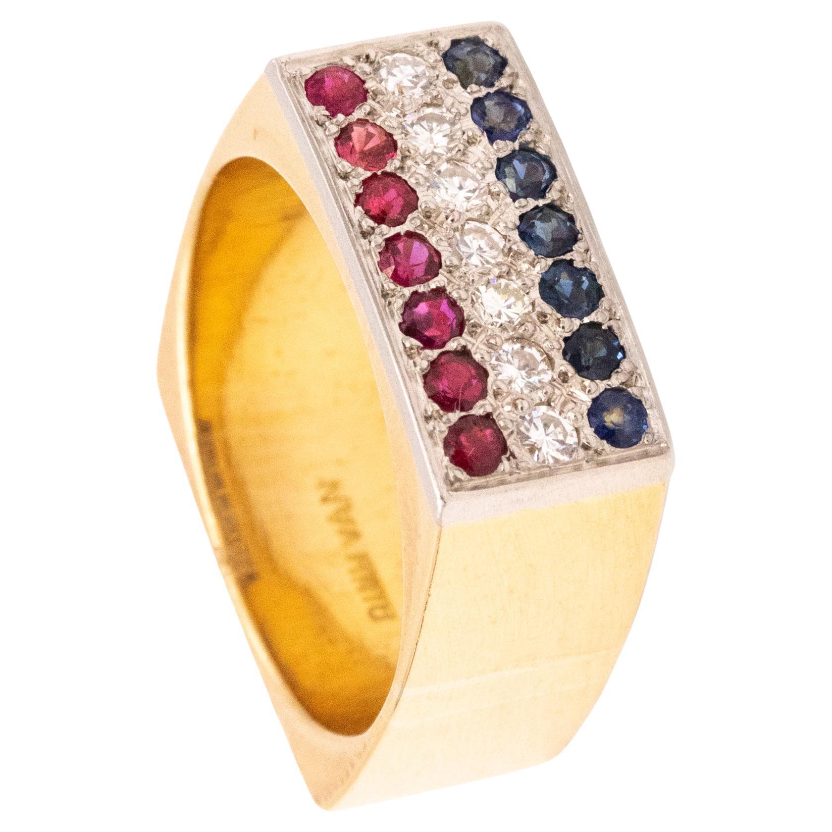 Dinh Van 1970 Geometric Ring In 18Kt Gold With 1.05 Ctw Diamonds Ruby Sapphires For Sale