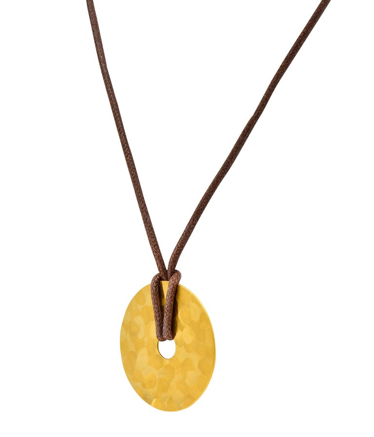 Dinh Van 24 Karat Yellow Gold Brown Cord Pi Disk Vintage Pendant Necklace For Sale at 1stDibs