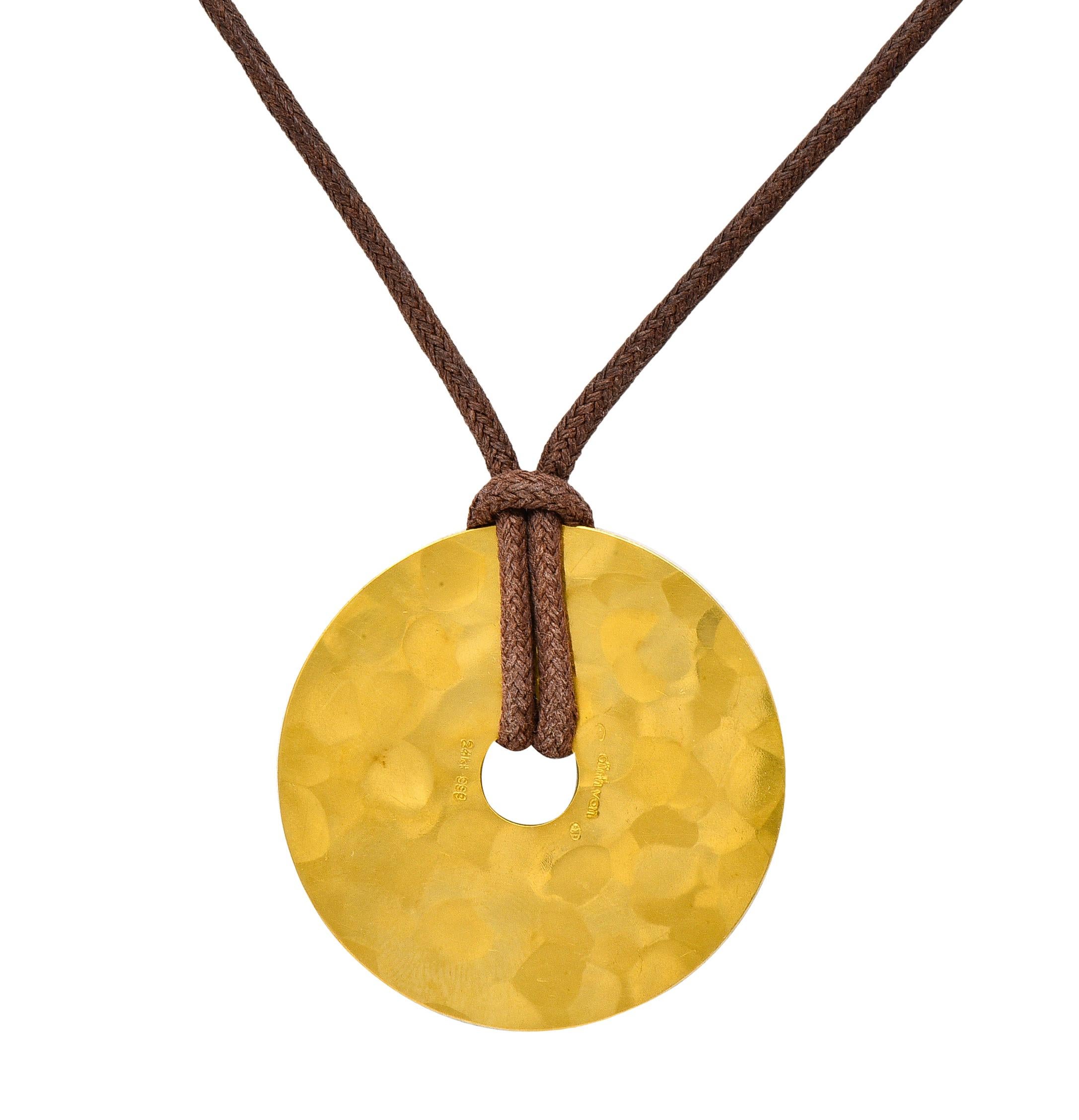 Dinh Van 24 Karat Gelbgold Braune Kordel Pi Disk Vintage-Halskette mit Anhänger für Damen oder Herren