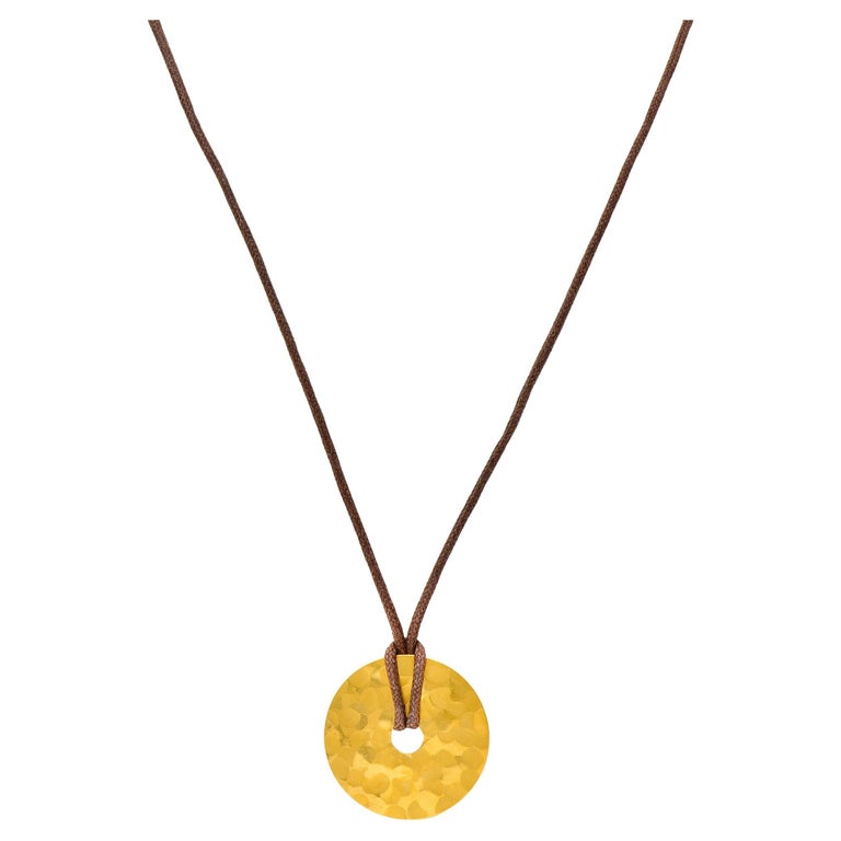 Dinh Van 24 Karat Yellow Gold Brown Cord Pi Disk Vintage Pendant Necklace For Sale at 1stDibs