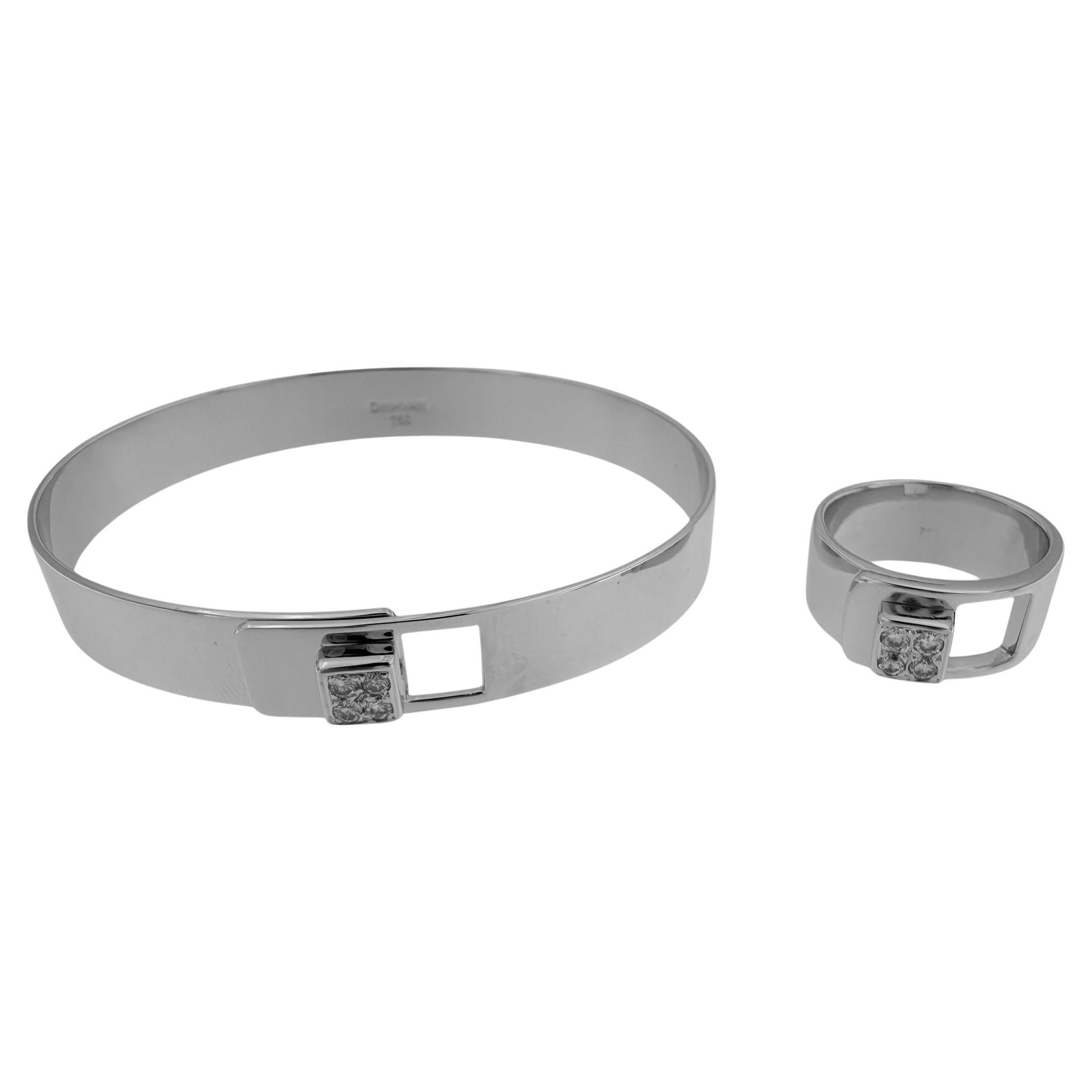 Dinh Van "Cube Lock" Bracelet and Ring 18 karat White Gold and Diamonds