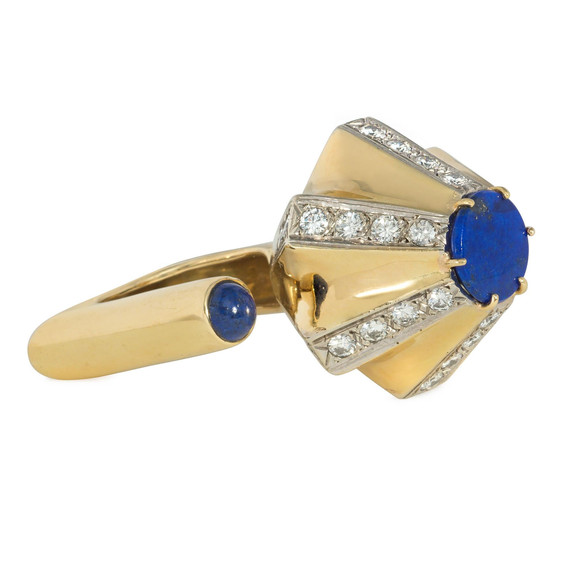 A 1970s lapis lazuli, diamond, and gold ring of fluted, lantern-shaped design, centered by a lapis disk surrounded by alternating diamond-set and polished gold segments, with an open tubular square mount ending in a lapis bead, in 18k. Dinh Van,