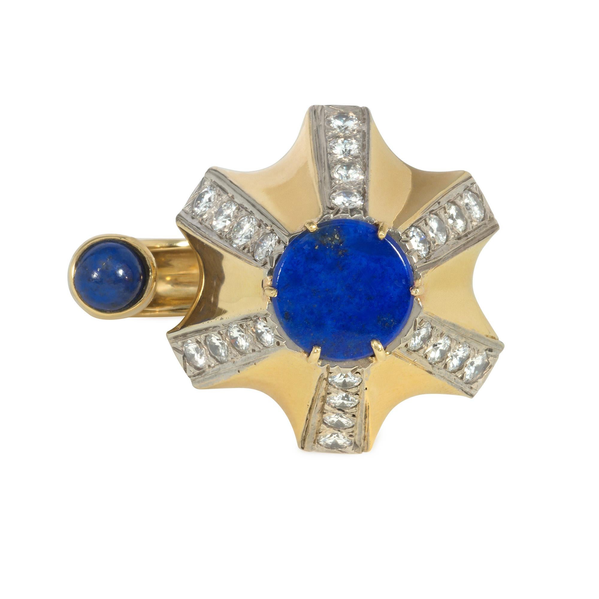 Modernist Dinh Van for Cartier 1970s Lapis, Diamond, and Gold Ring of Geometric Design For Sale