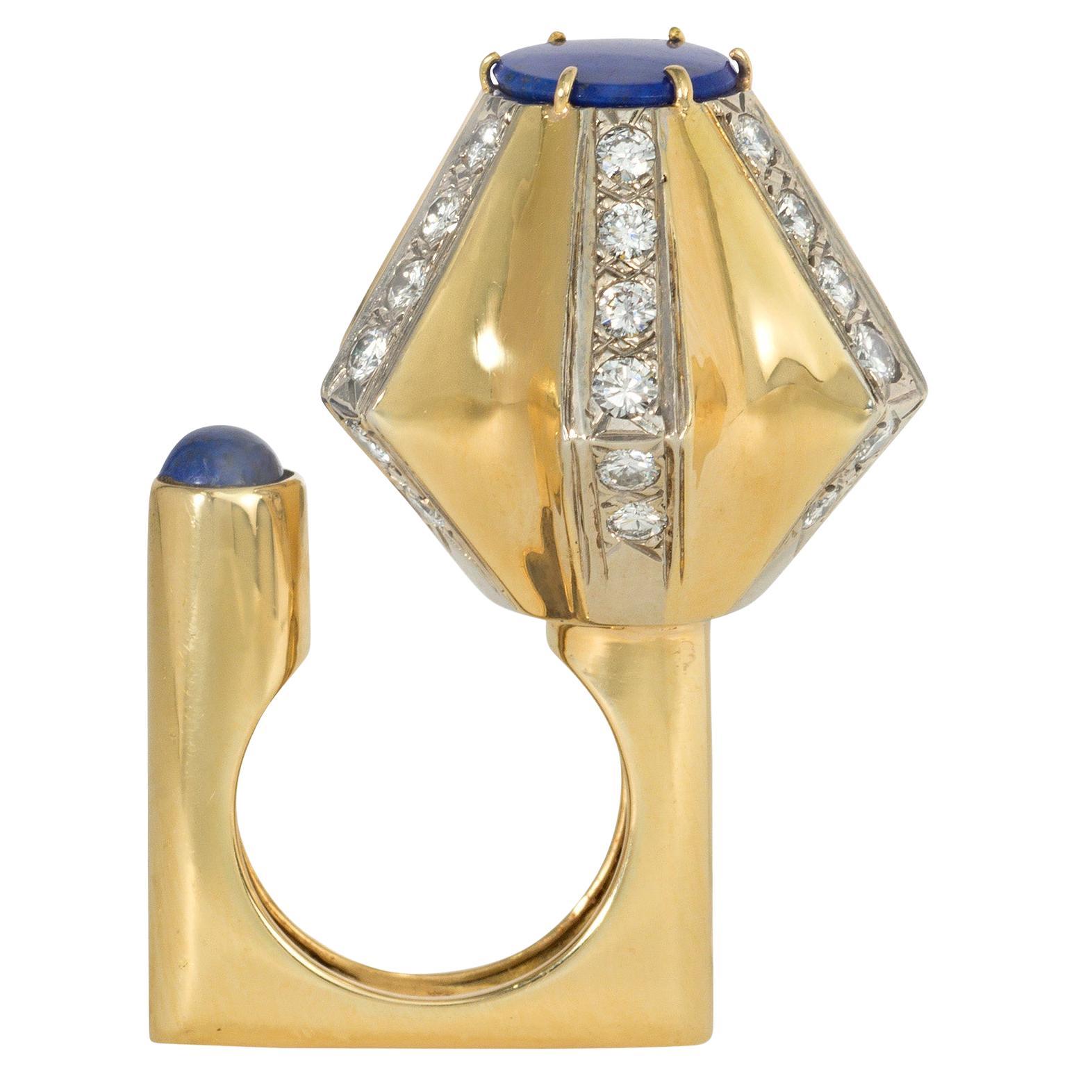 Dinh Van for Cartier 1970s Lapis, Diamond, and Gold Ring of Geometric Design