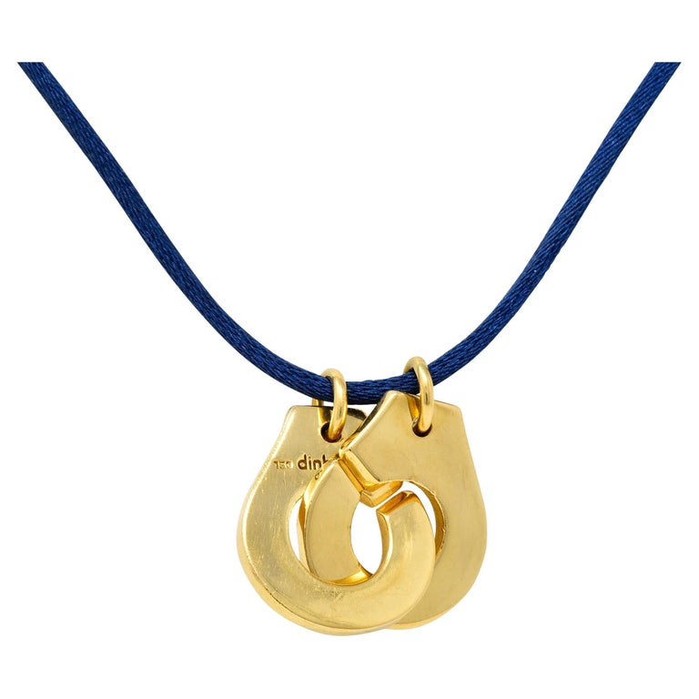 Dinh Van French 18 Karat Yellow Gold Blue Silk Cord Menottes Pendant Necklace For Sale at 1stDibs