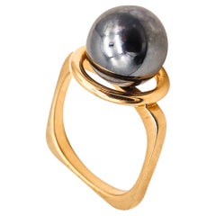Dinh Van Paris 1970 Geometric Ring 18Kt Yellow Gold with Carved Hematite Sphere