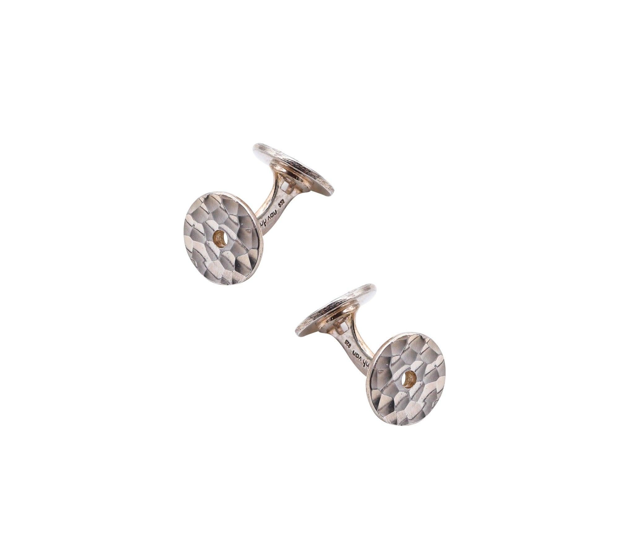 Women's or Men's DINH VAN Paris 1990 Pair Of Round Pi Cufflinks In Solid .925 Sterling Silver For Sale