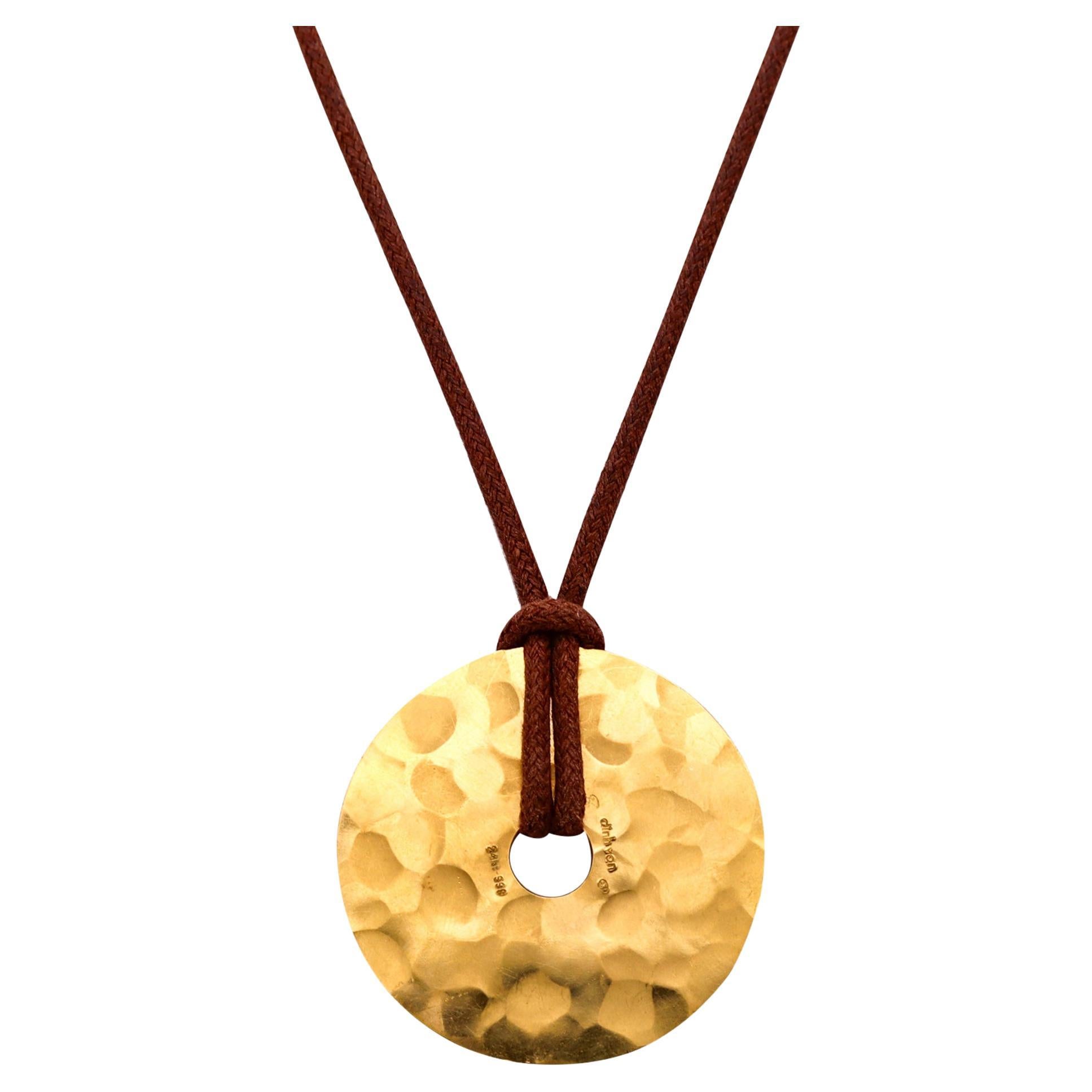 Dinh Van Paris Large Pi Necklace Pendant In Hammered 24Kt Yellow Gold For Sale