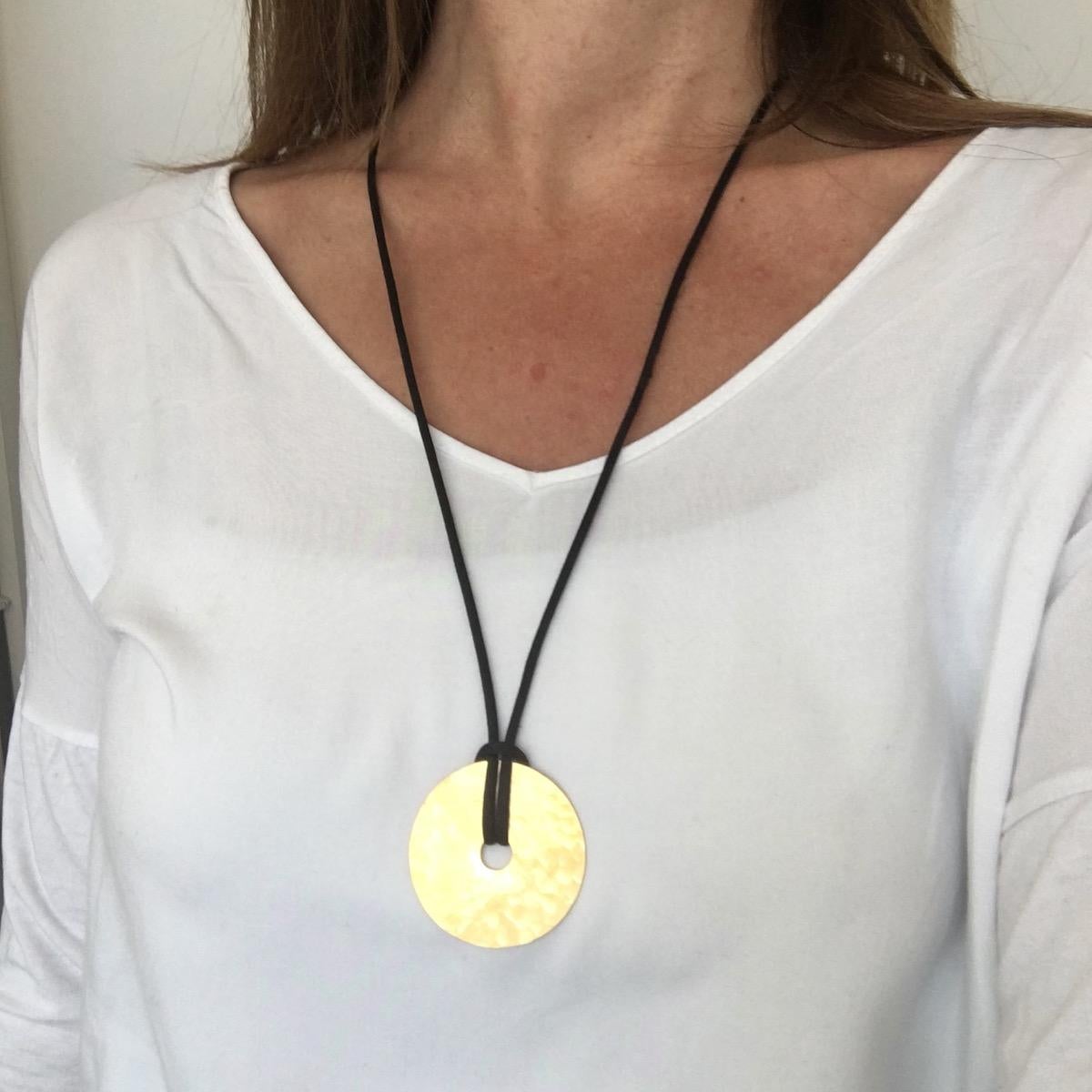 Dinh Van Pi Disc Yellow Gold Pendant Cord Necklace, French In New Condition In London, GB