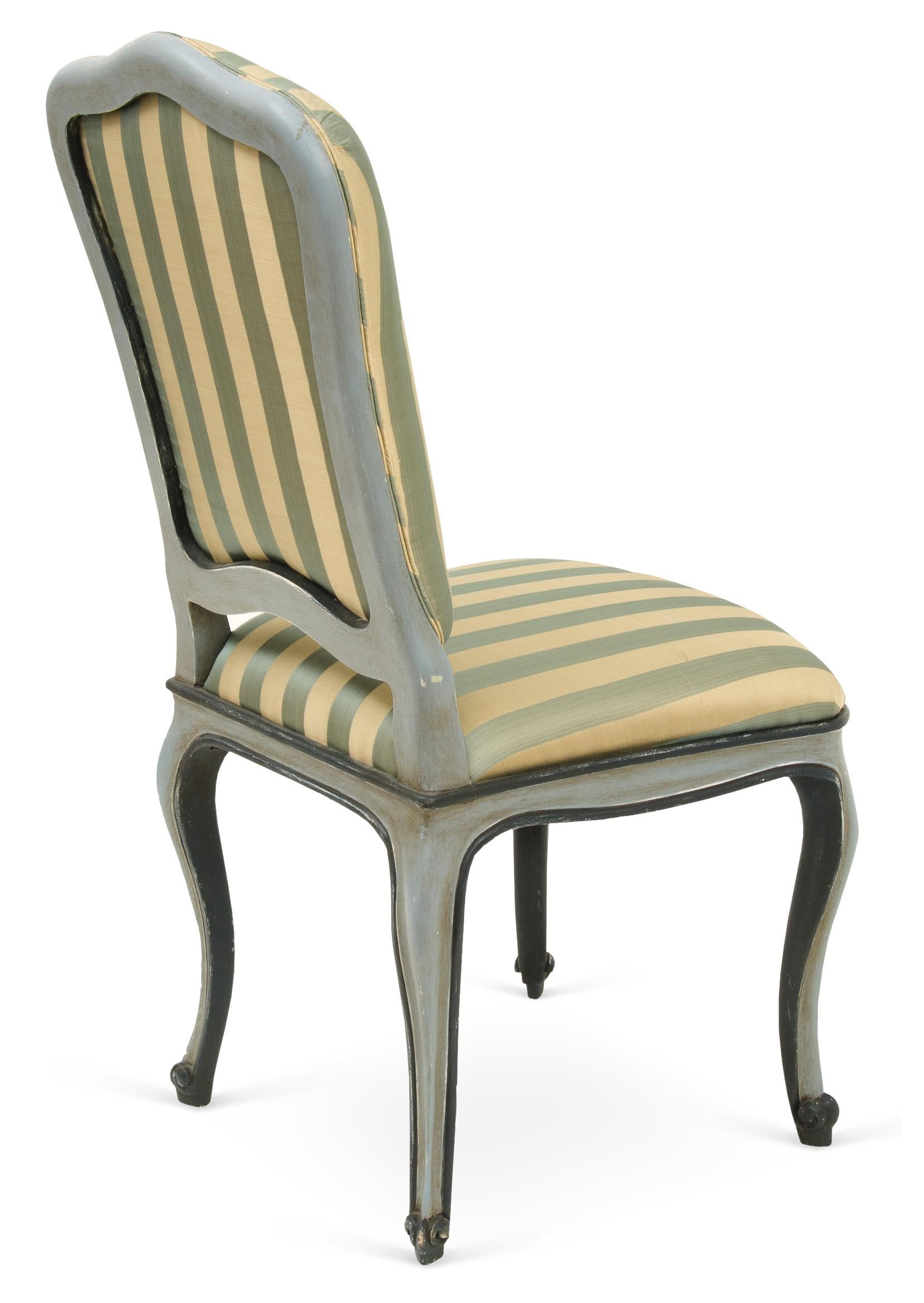 This reproduction of an antique Venetian chair is a hand-crafted model with traditional joinery, antique lacquer, and Borghese gilt on the hand-carved cabriole legs. Custom sizes and finishes available.
      