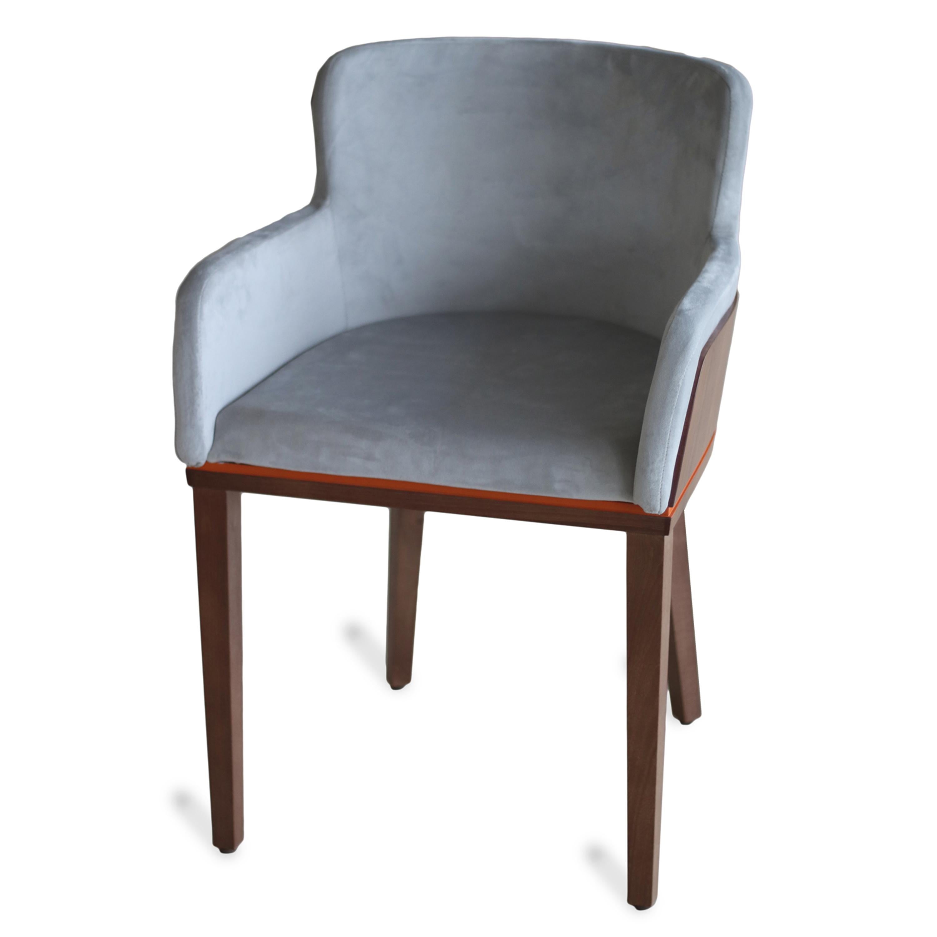 Dining Arm Chair Walnut Veneer and Light Grey Velvet Fabric For Sale 1