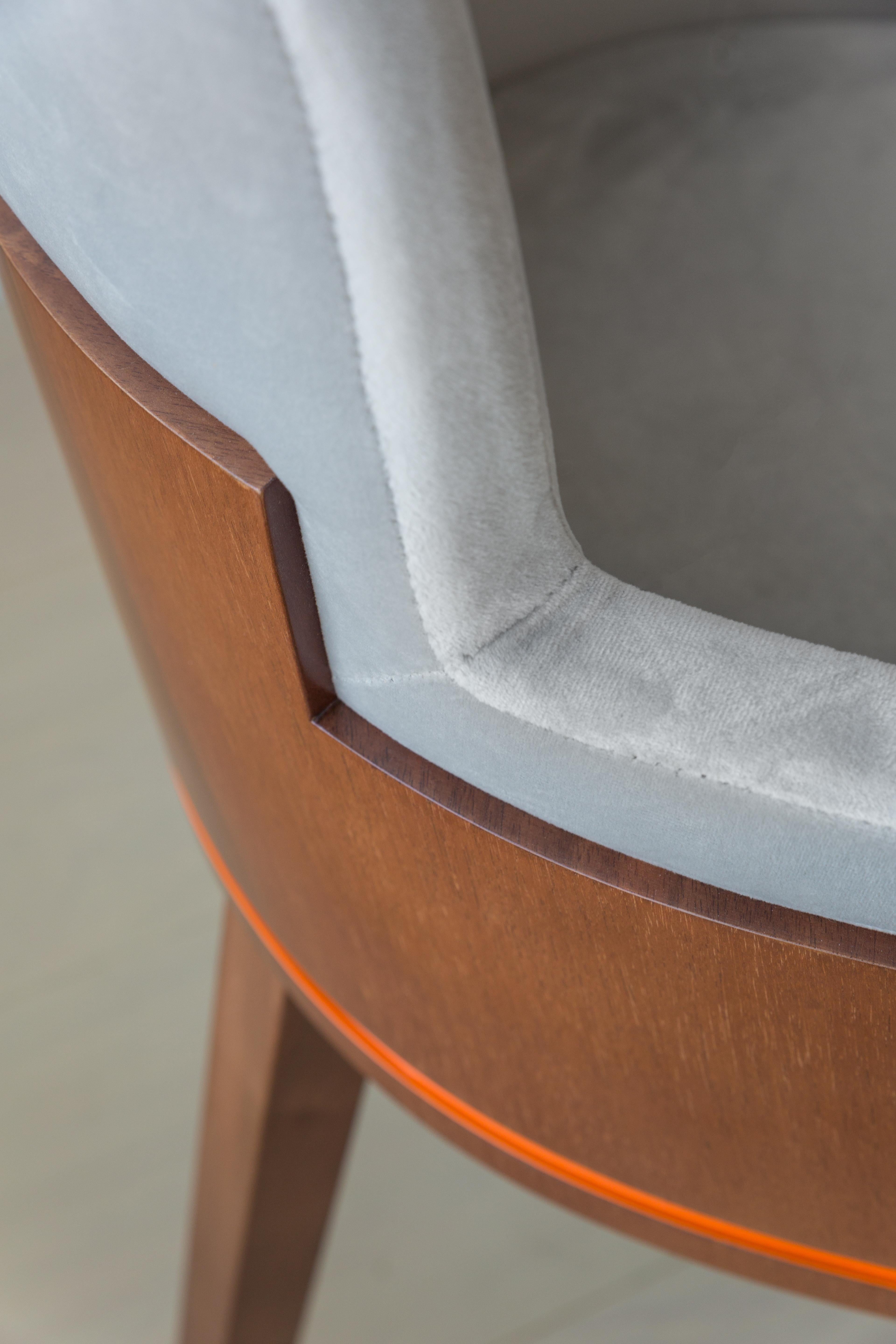 Dining Arm Chair Walnut Veneer and Light Grey Velvet Fabric For Sale 3