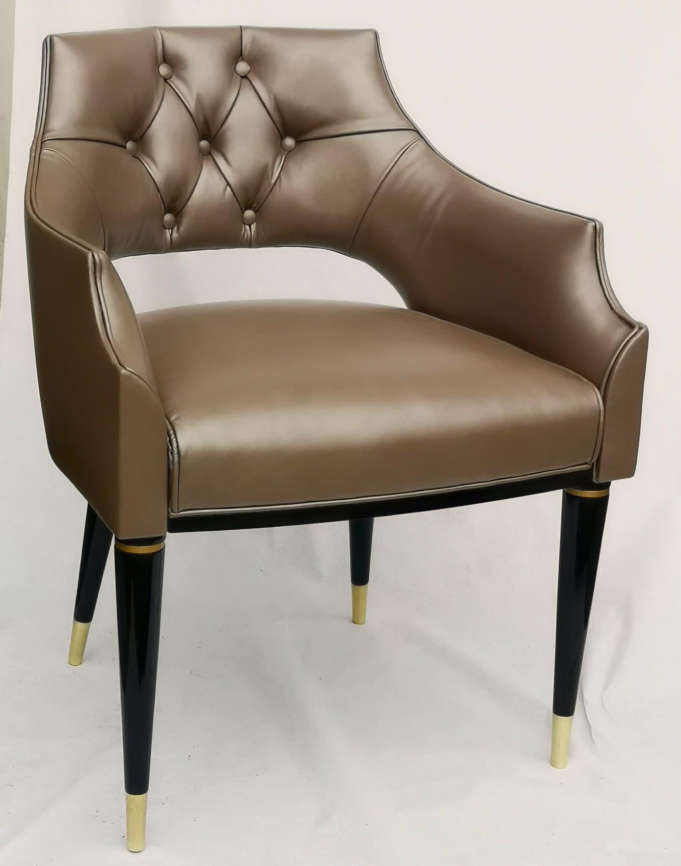 Mid-Century Modern Dining Armchair, Tufted Fiore Italian Leather, Midcentury Style, Luxury Details