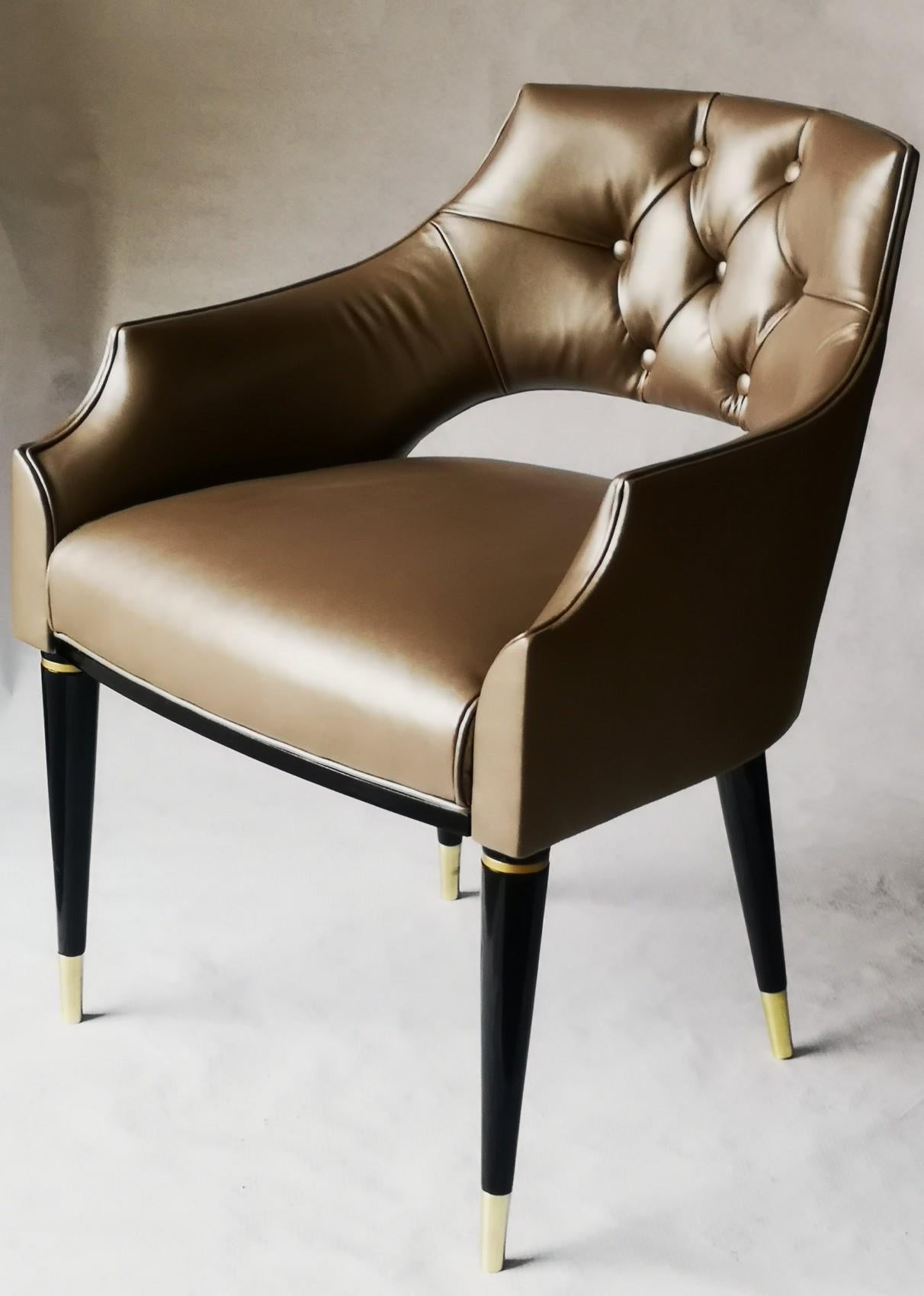 Polished Dining Armchair, Tufted Fiore Italian Leather, Midcentury Style, Luxury Details