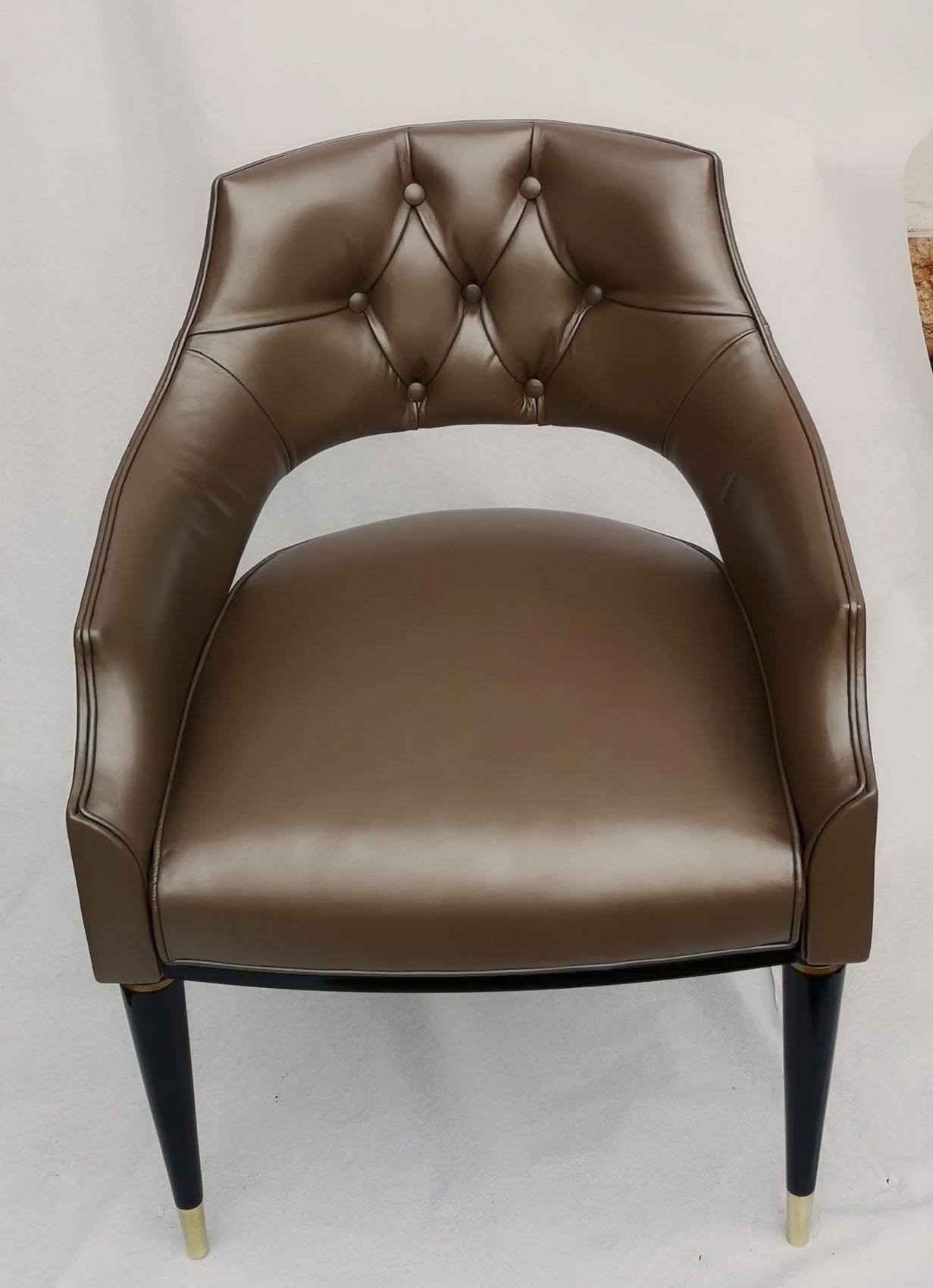 Contemporary Dining Armchair, Tufted Fiore Italian Leather, Midcentury Style, Luxury Details