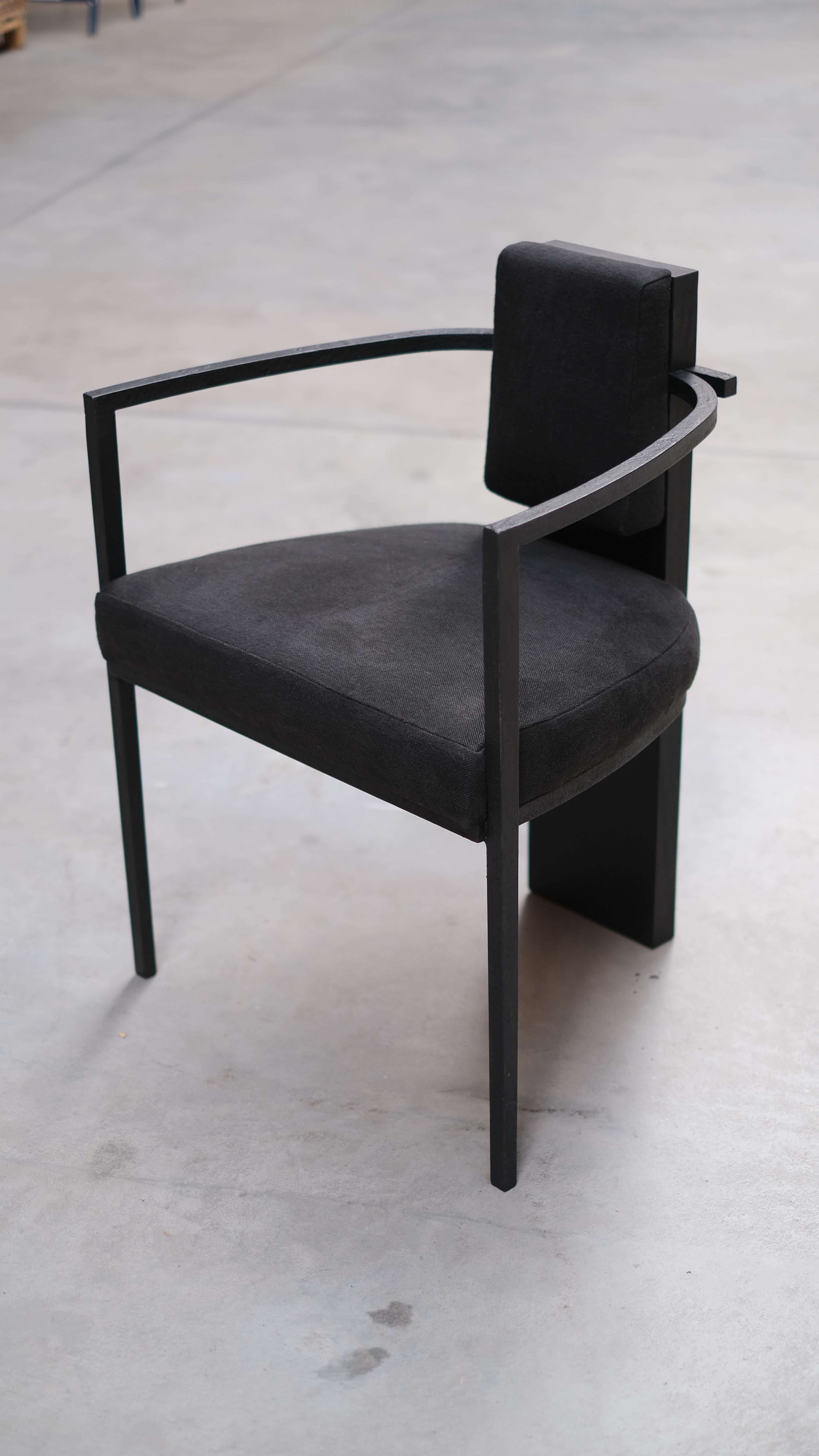 Dining Chair 092022 by Arno Declercq
Dimensions: D 50 x W 60 x H 73 cm. 
Materials: Burned African Walnut, burned steel Belgium Linen.

Arno Declercq
Belgian designer and art dealer who makes bespoke objects with passion for design, atmosphere,