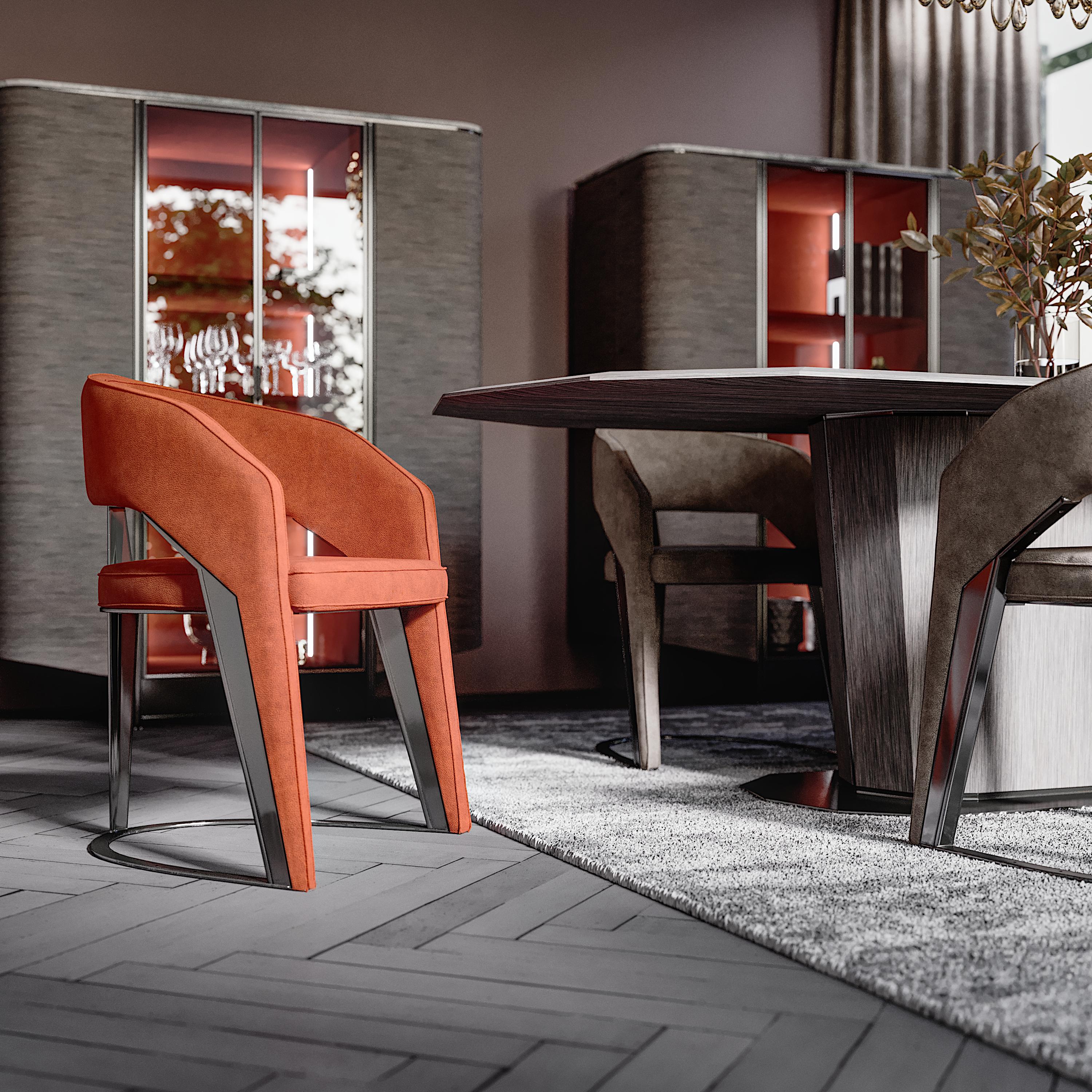 Vega dining chair, wood padded with multi-density foams, leather covering. The seat has multi-density foam and its legs are lacquered or veneered.

Vega is part of the 