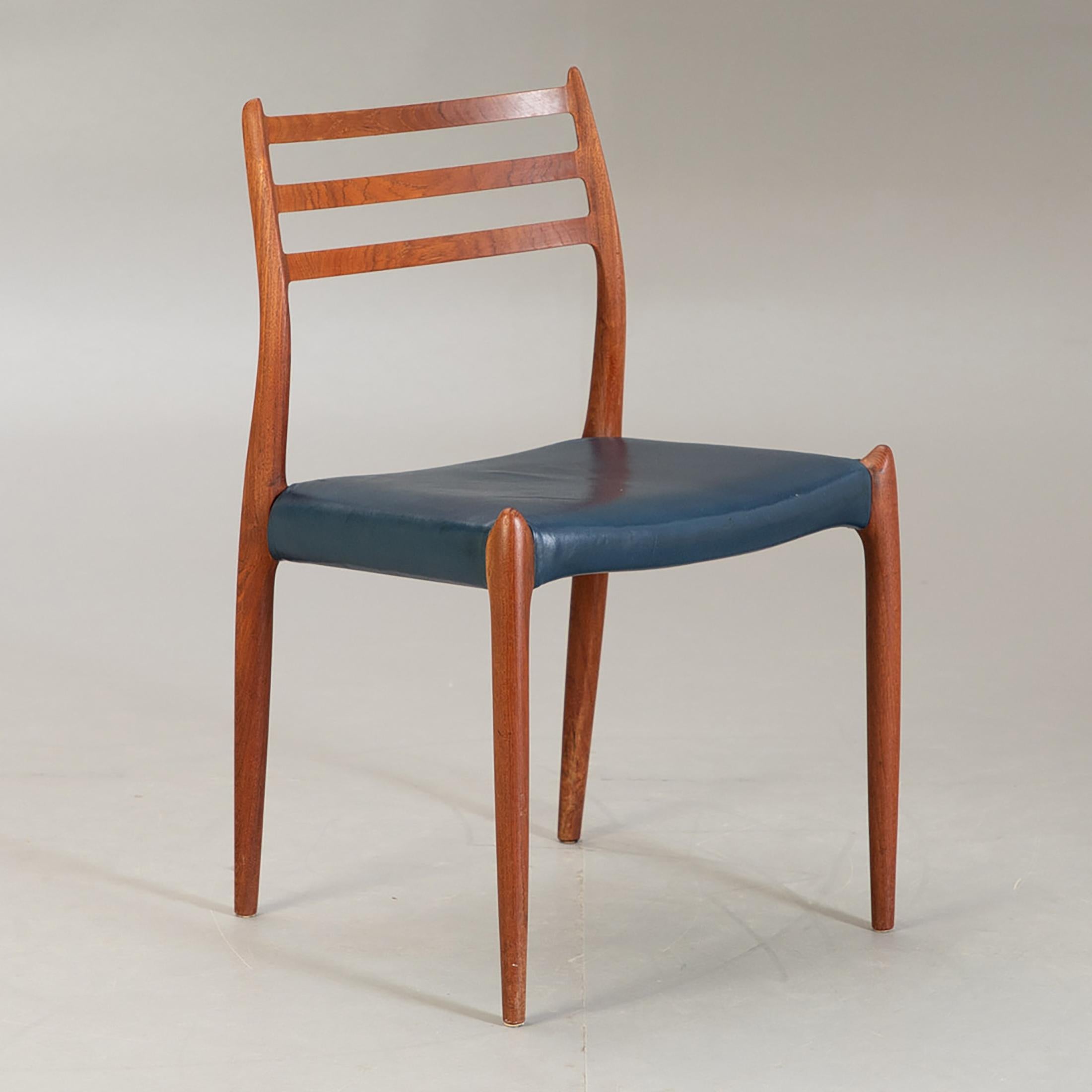 Dining chairs made of solid hardwood, designed in the 1950s by Niels Otto Møller and produced by J. L. Møller Møbelfabrik, model number 78. Original condition. Delivery time about 1-2 weeks. New upholstery on request possible.

 
