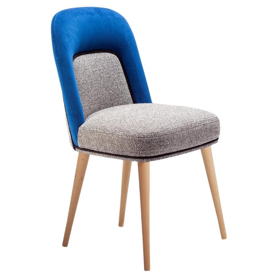 Dining Chair Frida in Solid Oak Wood and Blue Fabric Upholstery For Sale