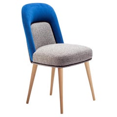 Dining Chair Frida in Solid Oak Wood and Blue Fabric Upholstery