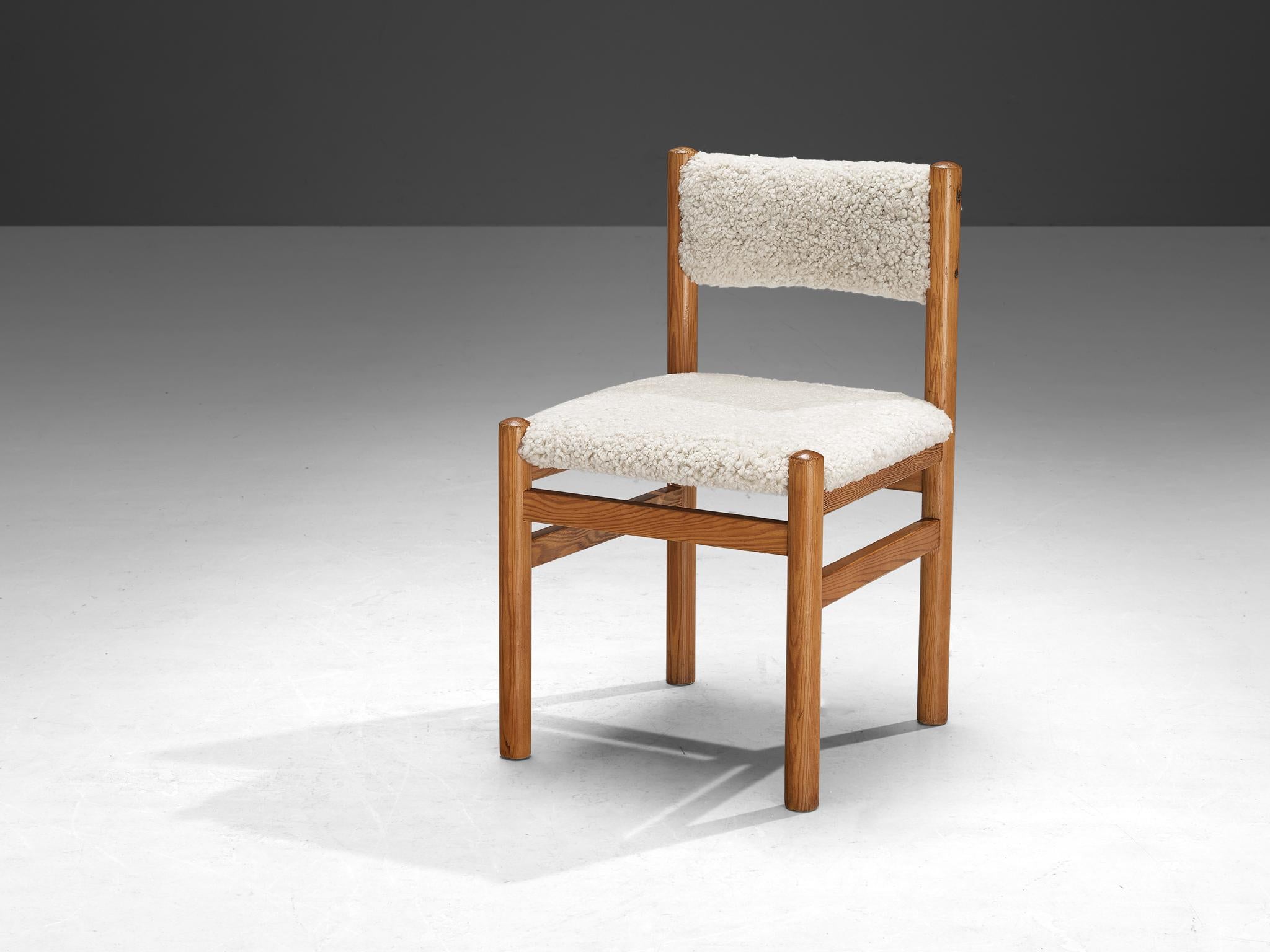 TON, dining chair, pine, reupholstered in sheepskin 