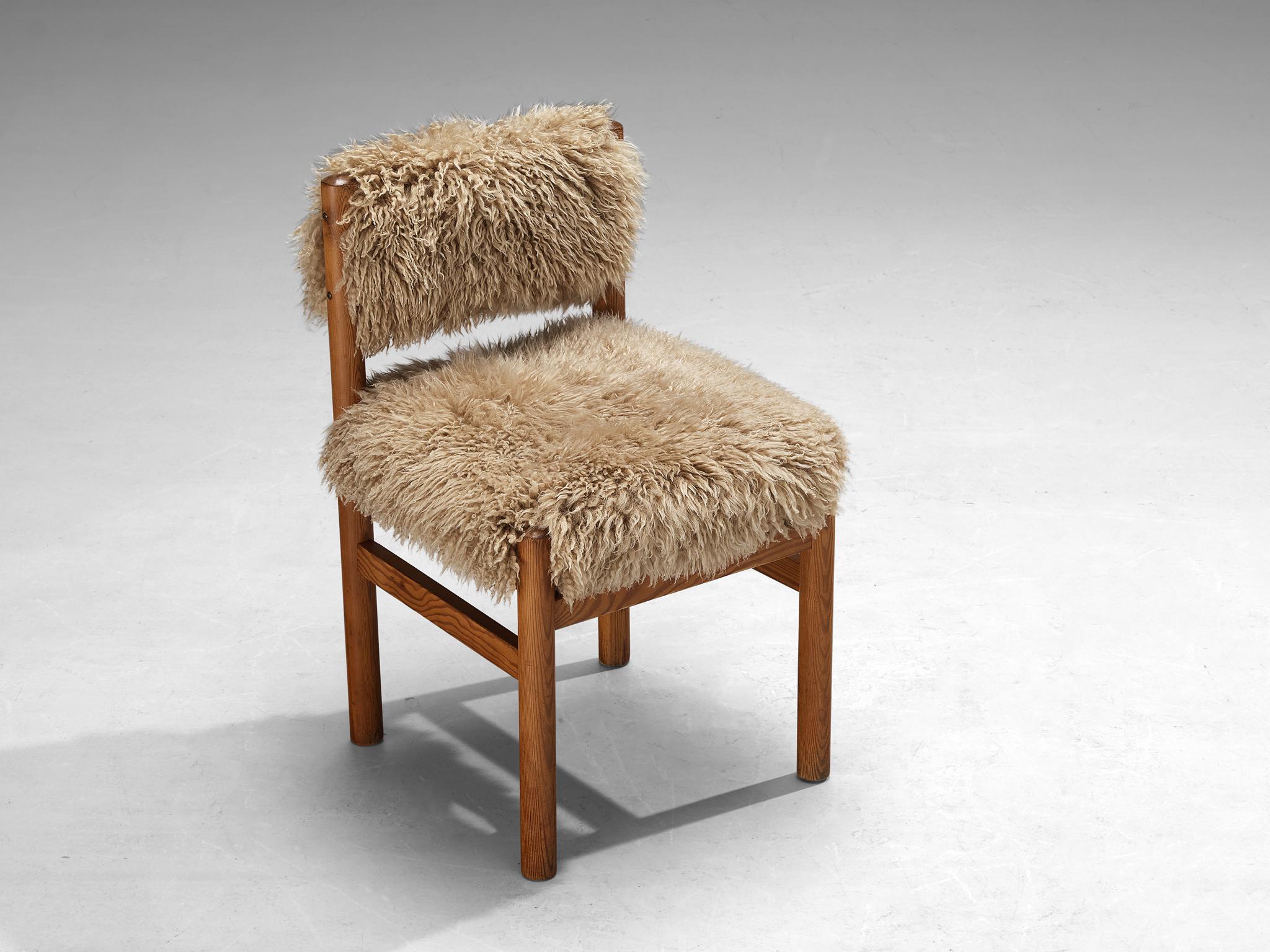 TON, dining chairs, pine, reupholstered in sheepskin 