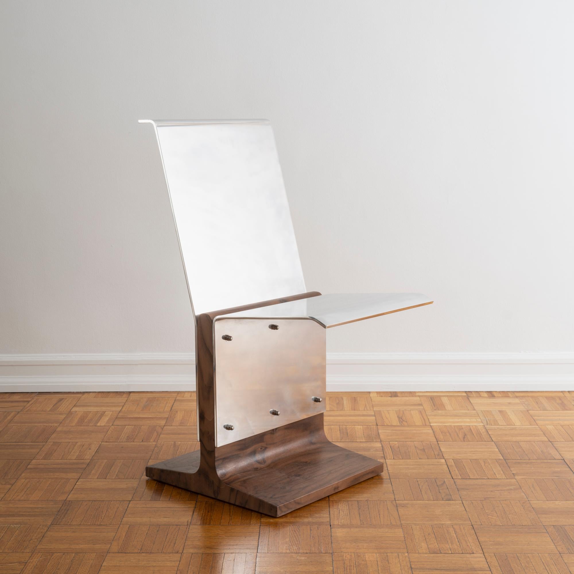 Dining Chair in Polished Aluminum and Mahogany Wood Veneer In New Condition For Sale In New York, NY