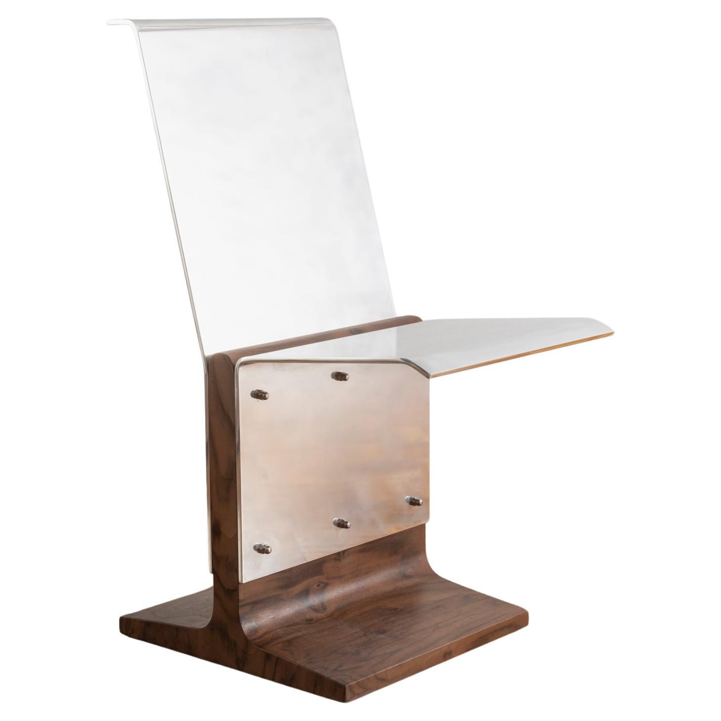 Dining Chair in Polished Aluminum and Mahogany Wood Veneer For Sale