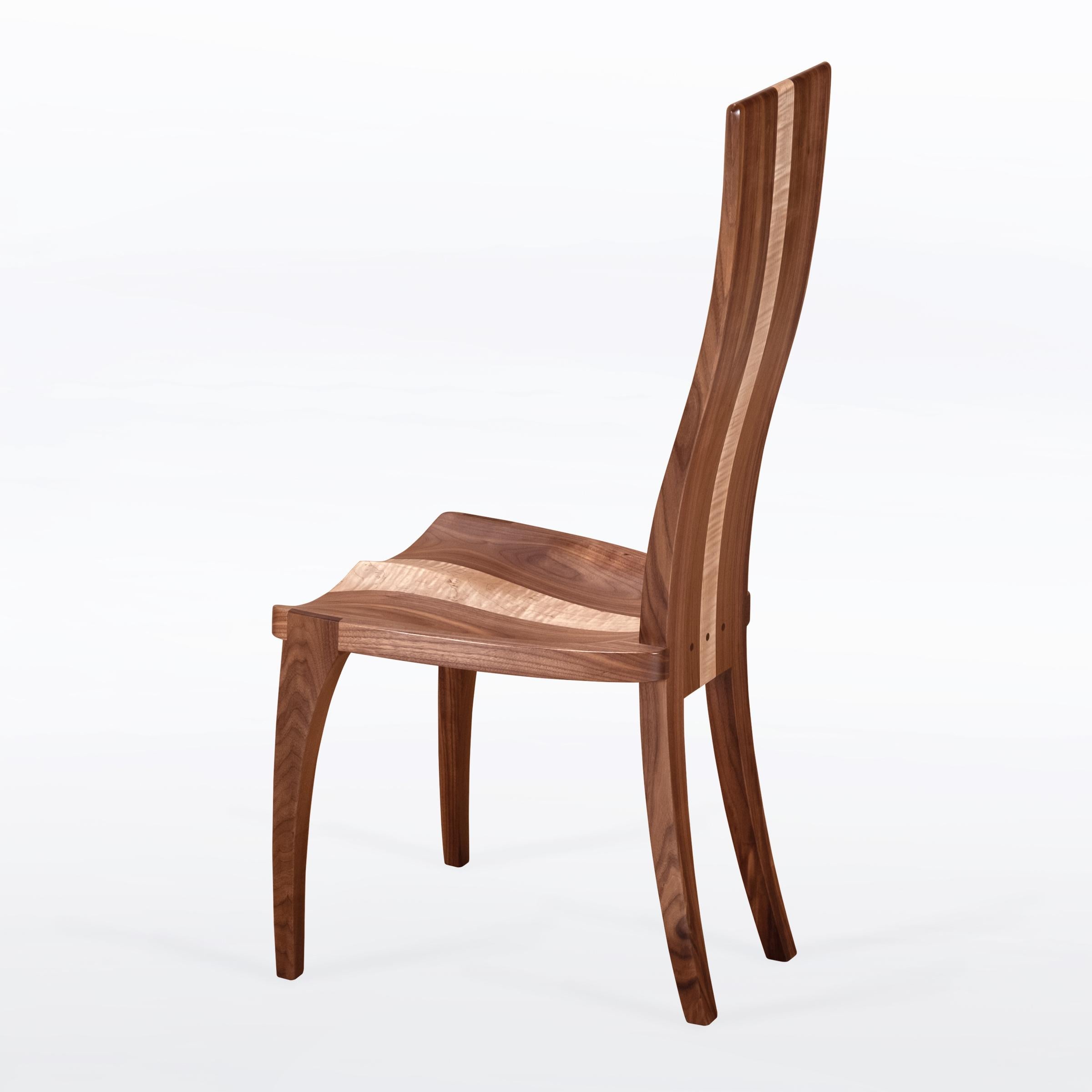 American Dining Chair in Solid Walnut and Maple with Carved Seat Handmade in U.S. For Sale