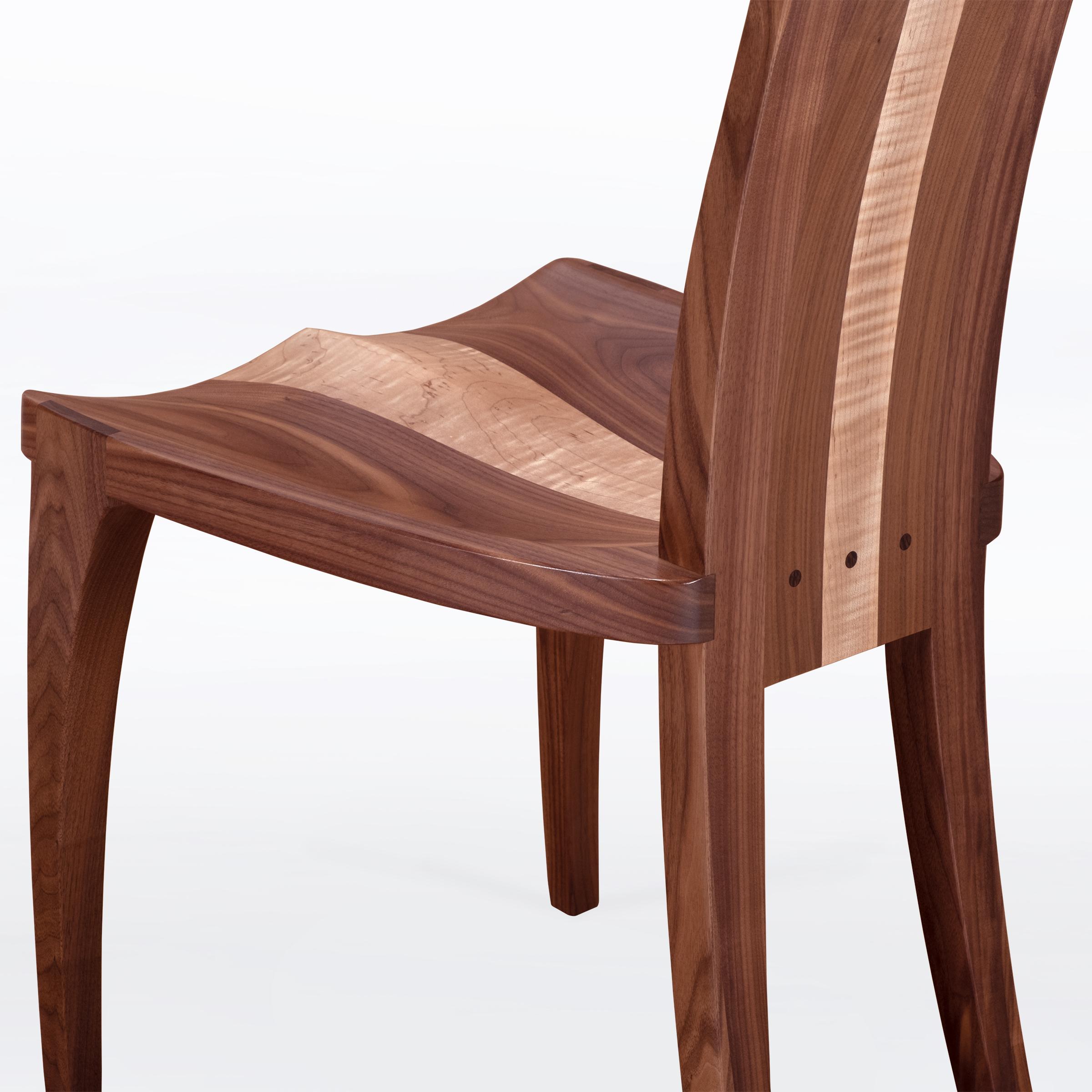 Contemporary Dining Chair in Solid Walnut and Maple with Carved Seat Handmade in U.S. For Sale