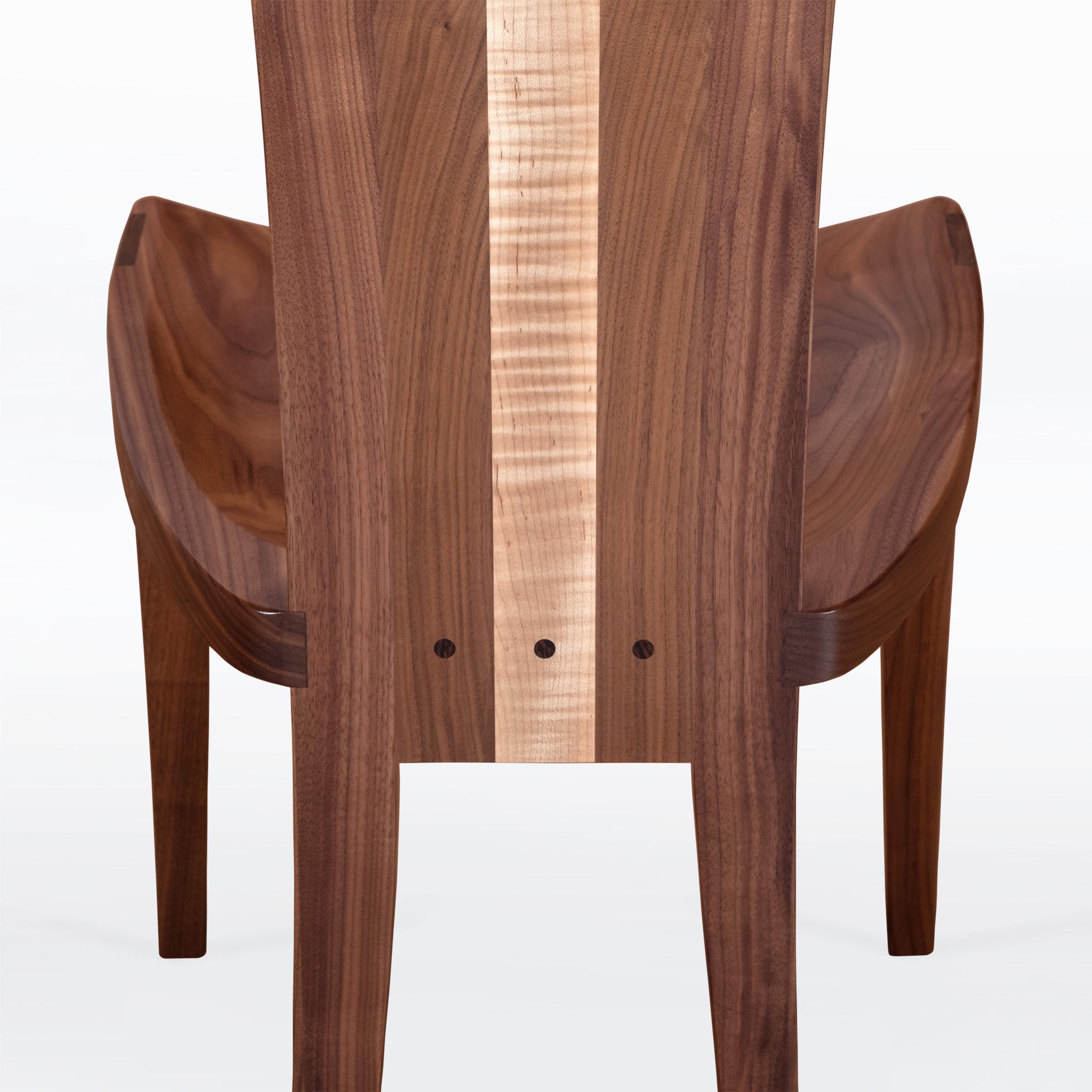 Wood Dining Chair in Solid Walnut and Maple with Carved Seat Handmade in U.S. For Sale
