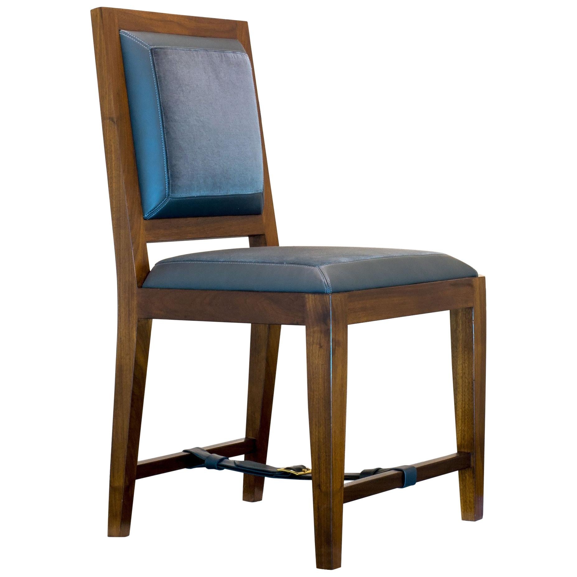 Dining Chair in Solid Walnut with Leather and Fabric Upholstered Seat
