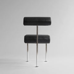 Dining Chair in Stainless Steel and Black Aniline Leather Contemporary Design