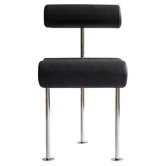 Dining Chair in Stainless Steel and Black Aniline Leather Contemporary Design