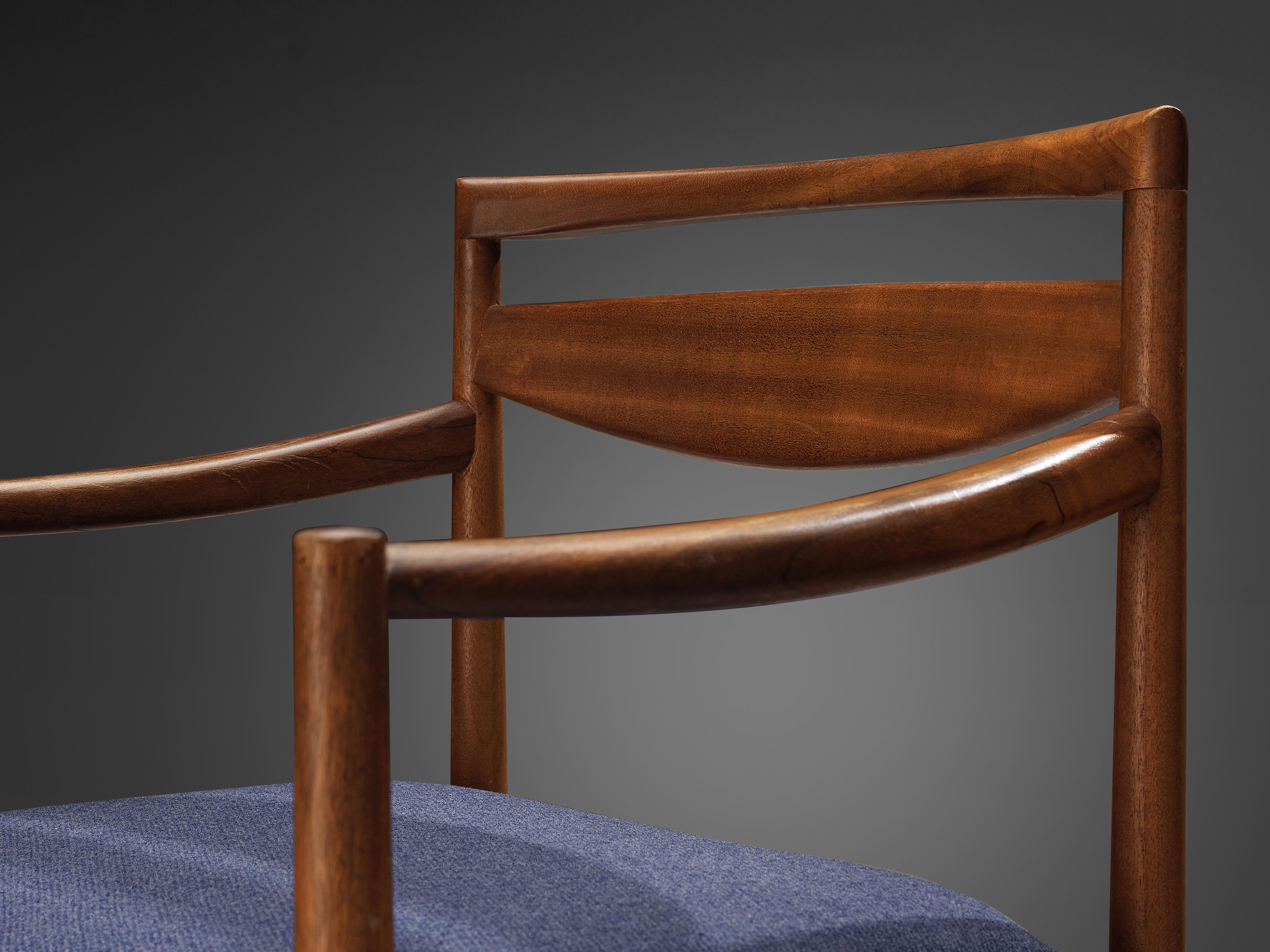 Mid-Century Modern Dining Chair in Teak and Blue Upholstery  For Sale