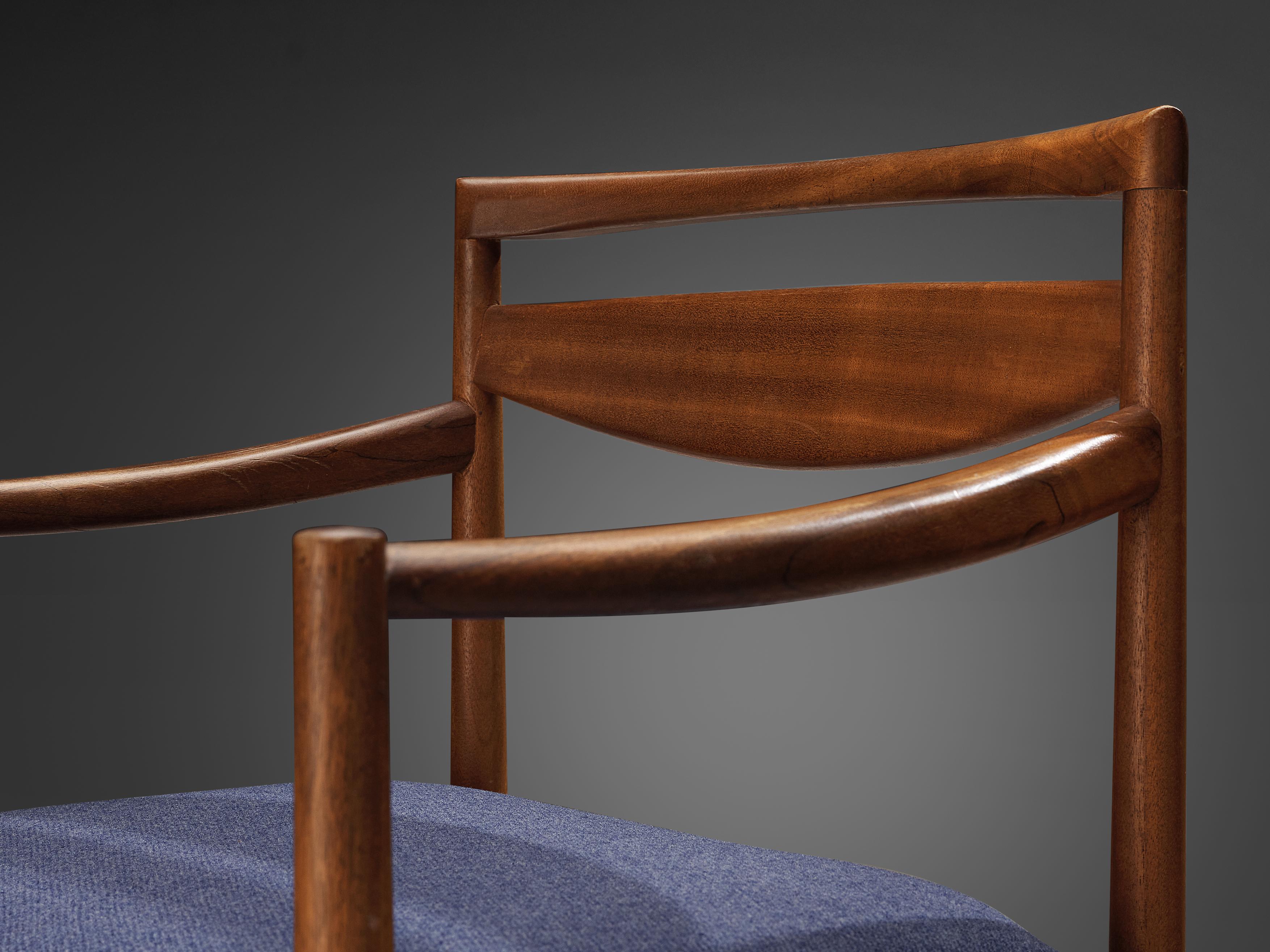 Mid-Century Modern Dining Chair in Teak and Blue Upholstery For Sale
